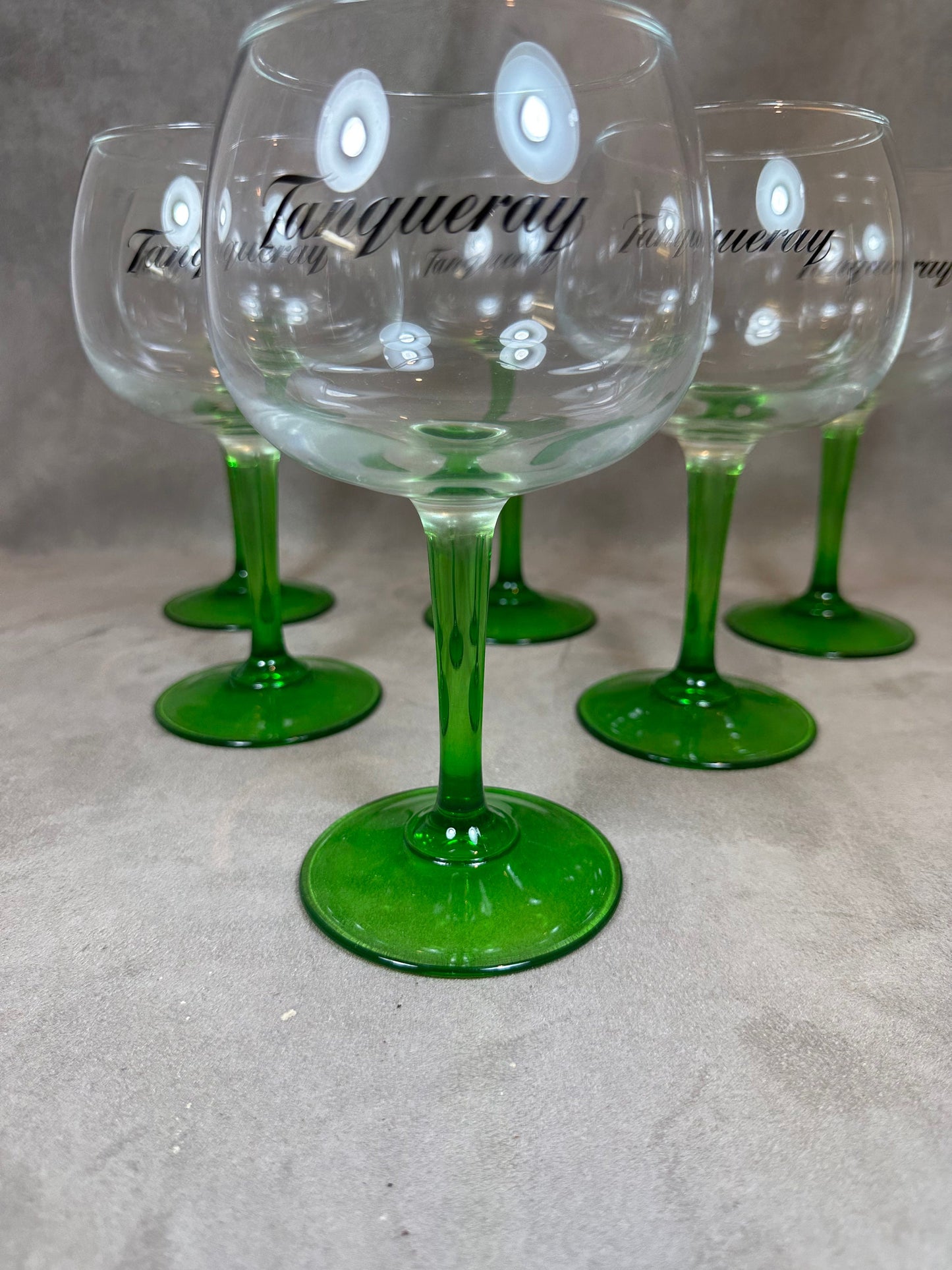 Set of 6 Vintage Tanqueray Gin Glasses with Green Stem Glass 1990s