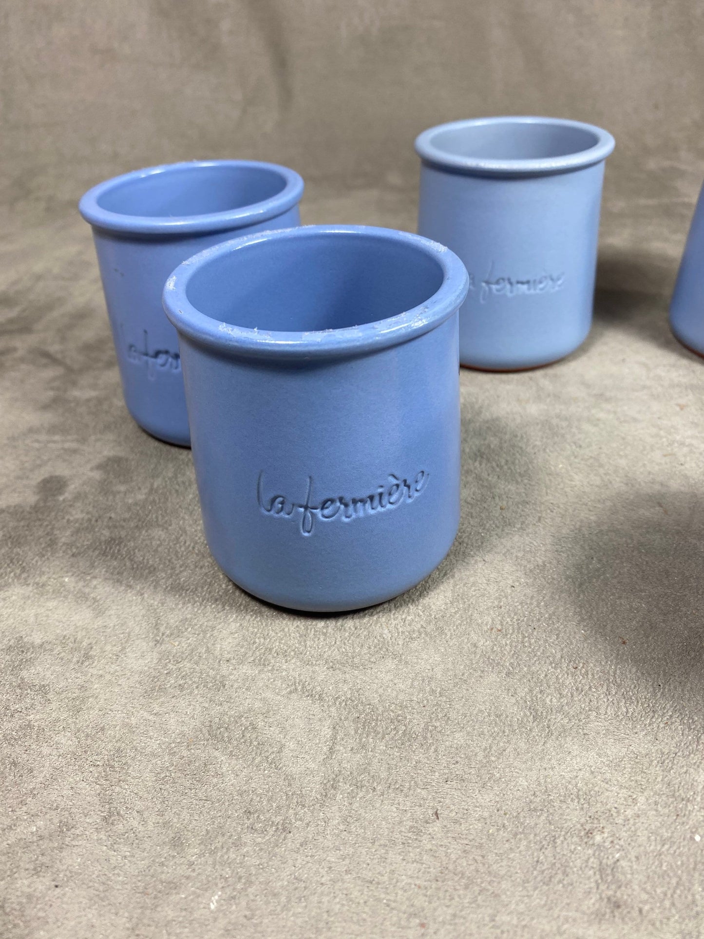 6 pots de yaourt La fermière en terre cuite émaillée bleu turquoise vintage made in France