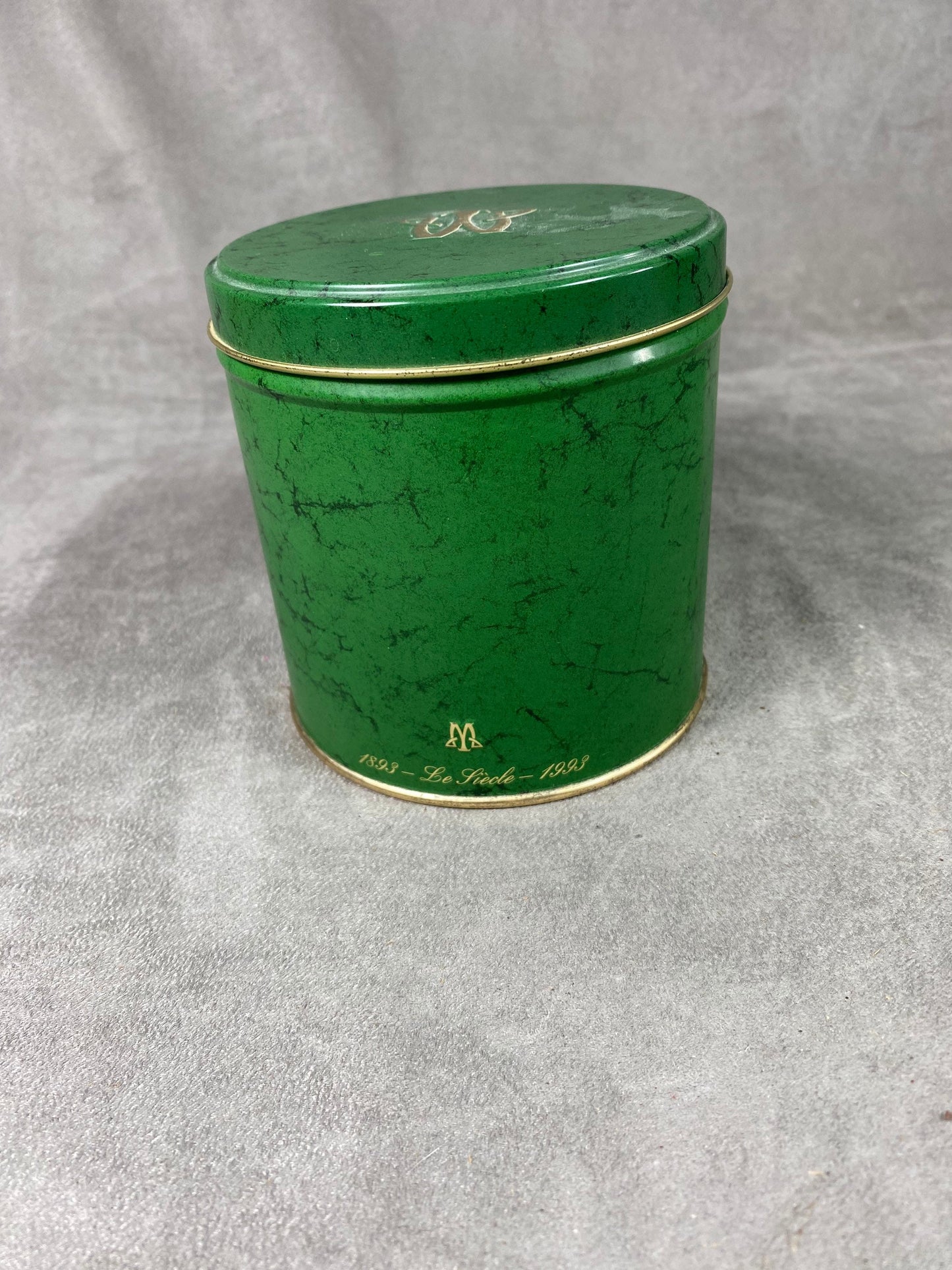 Empty green aluminum box for Maxim's de Paris scented candle 1970s