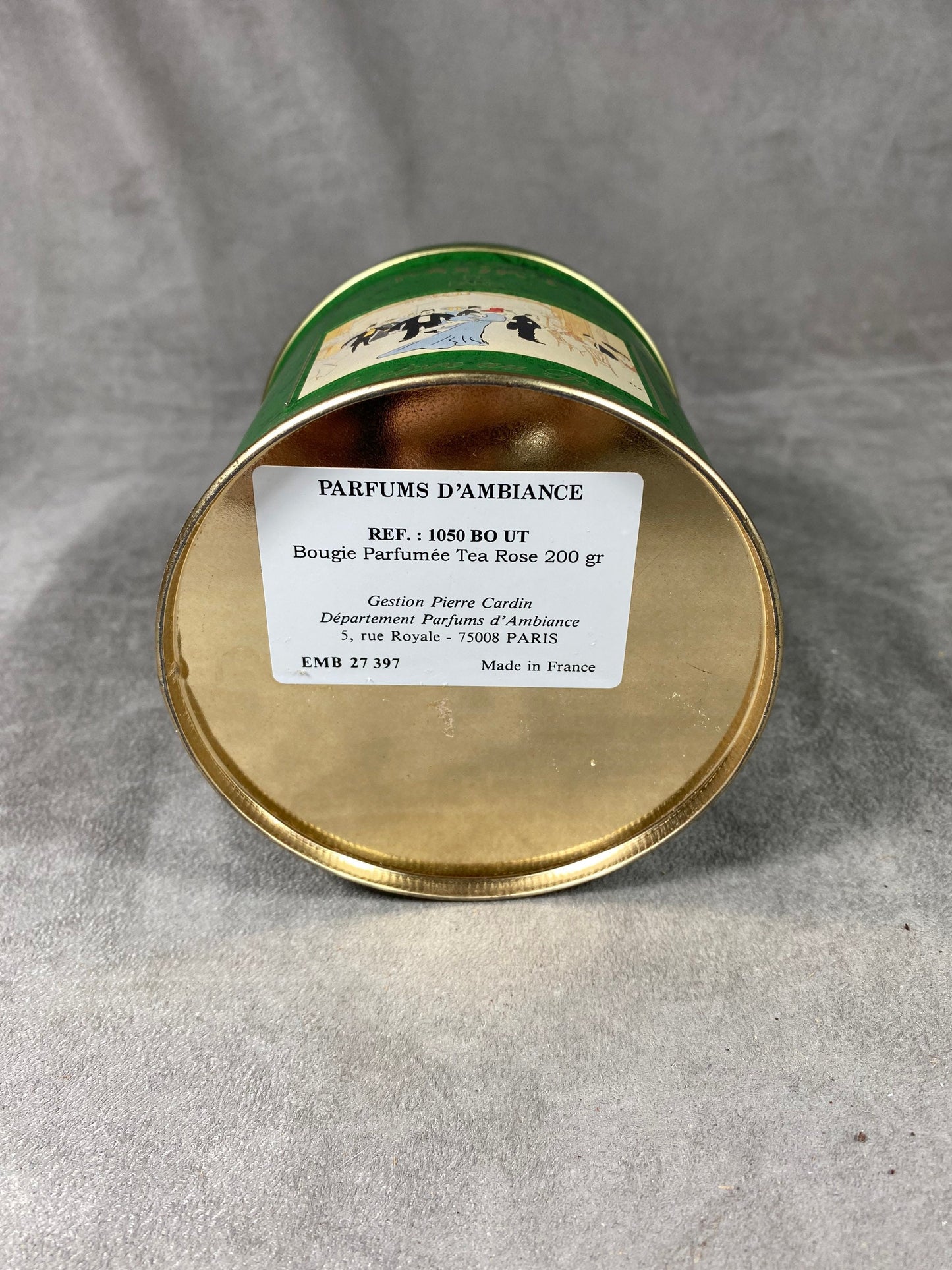 Empty green aluminum box for Maxim's de Paris scented candle 1970s