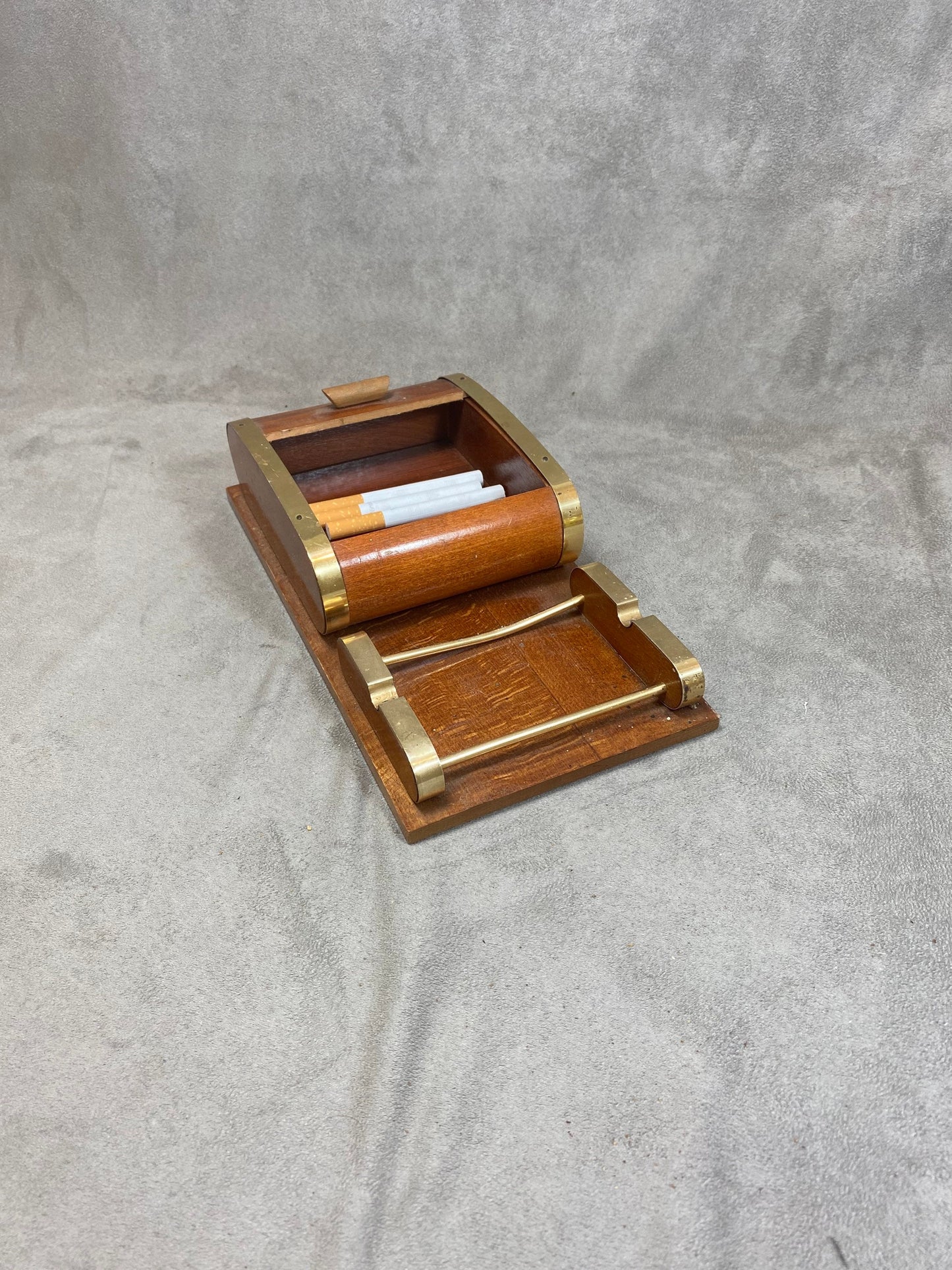 Wooden cigarette box dispenser with vintage glass ashtray Made in France