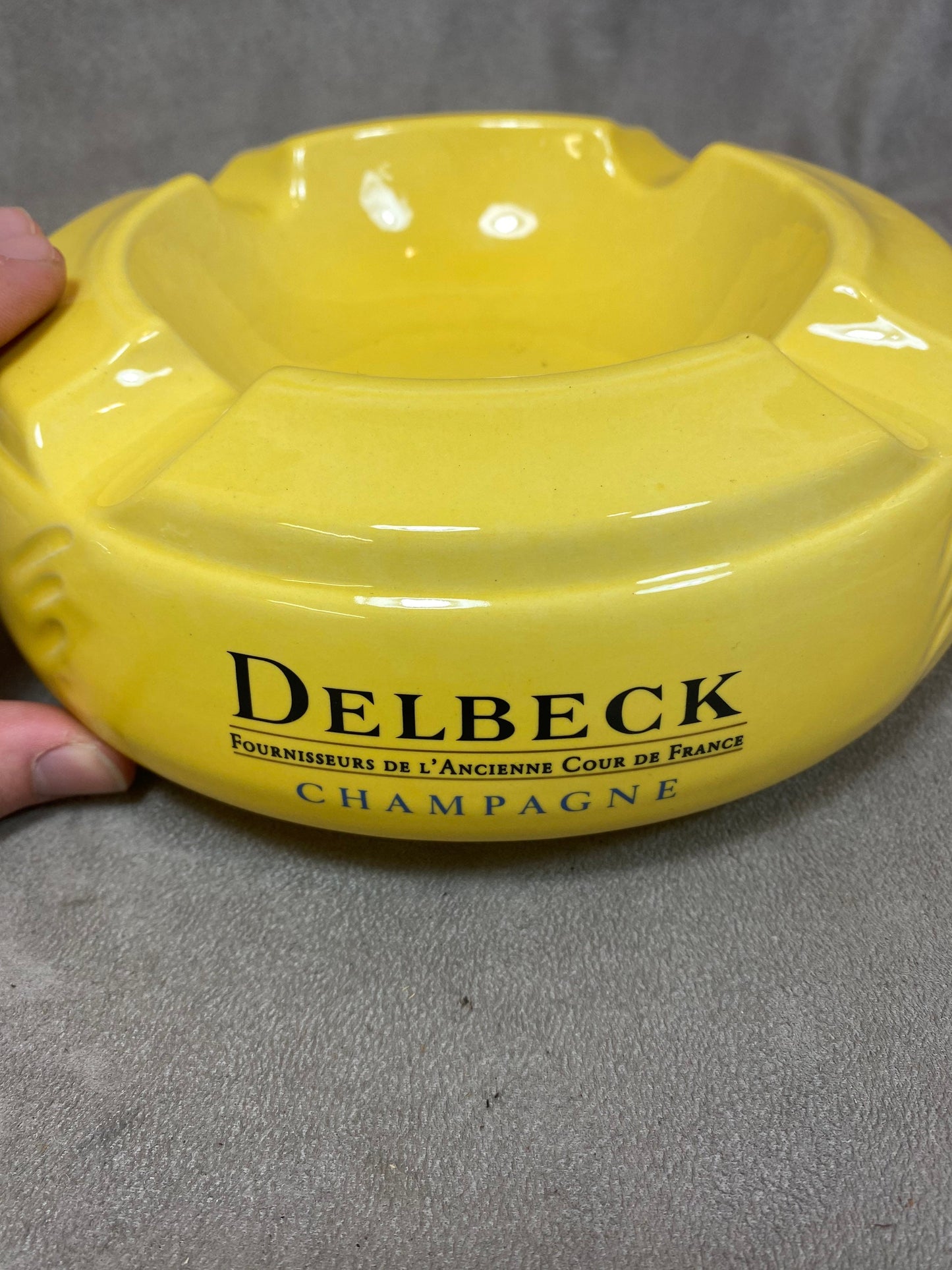 Vintage yellow ceramic Delbeck champagne ashtray Made in France 1980s
