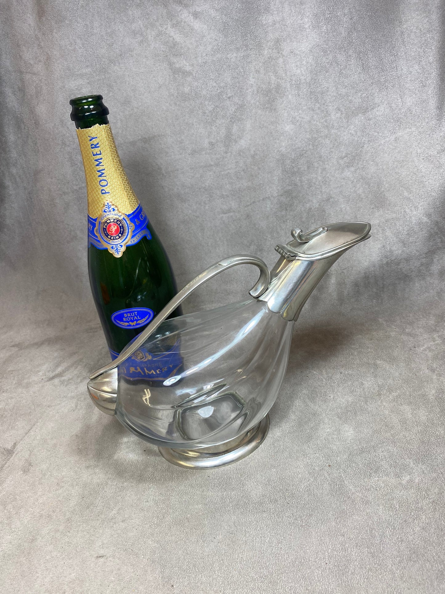 VERY RARE Vintage Pommery Champagne Crystal and Pewter Decanter Made in France 1960