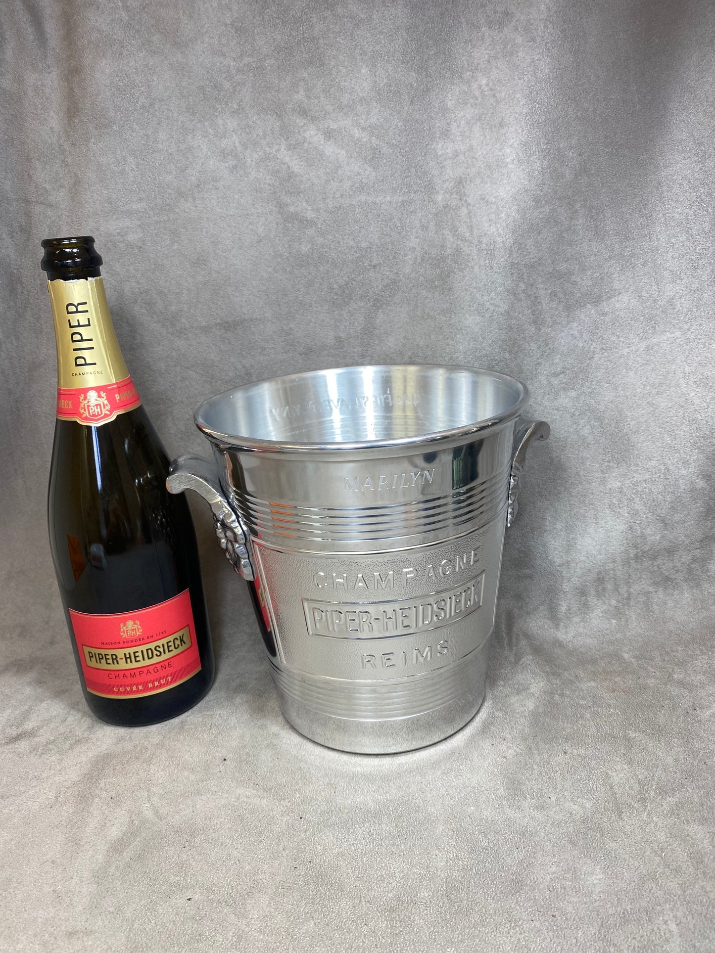 VERY RARE Magnificent vintage Piper-Heidsieck special edition Marylin Monroe aluminum champagne bucket 1970s