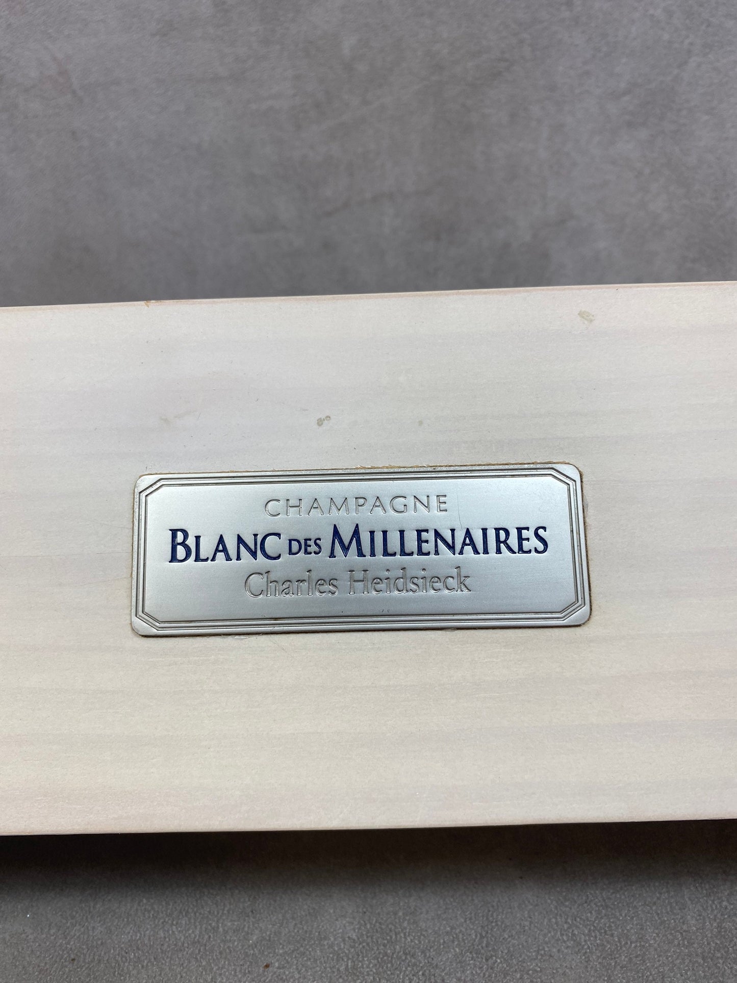 Wooden box for bottles of Charles Heidsieck Blanc des Millénaires champagne Made in France 1980s