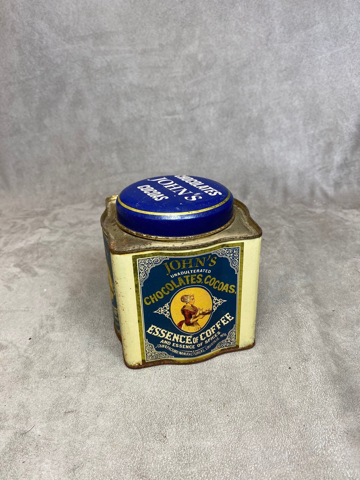 Metal Tin, John's Chocolates Cocoas Essence of Coffee and Spices, Vintage 1960