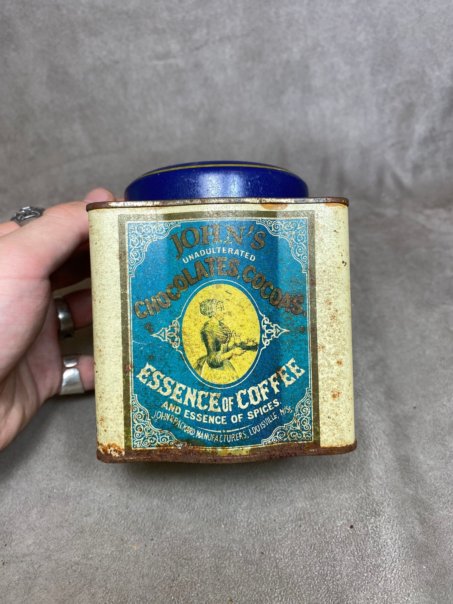 Metal Tin, John's Chocolates Cocoas Essence of Coffee and Spices, Vintage 1960