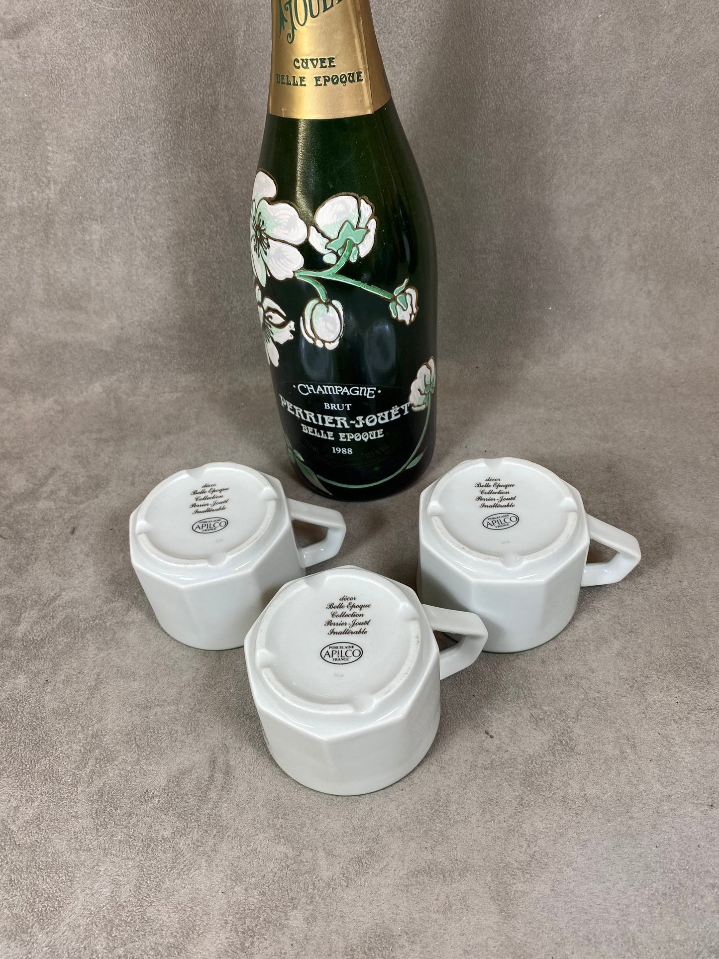 RARE Lot de 3 Tasse Perrier-Jouët Belle Epoque en porcelaine Apilco Made in France Vintage 1970