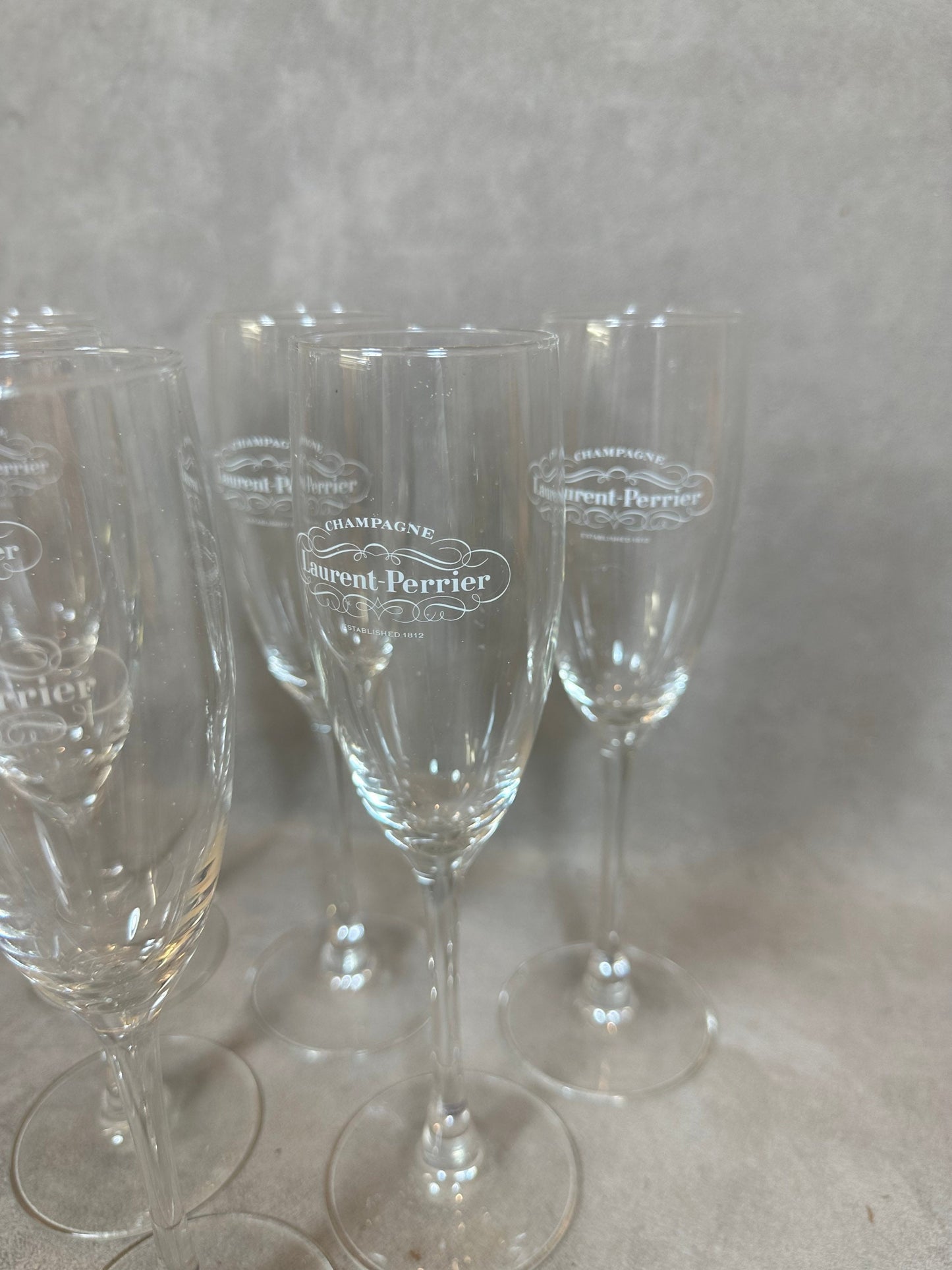 Set of 6 Laurent-Perrier vintage glass flutes made in France 1970s