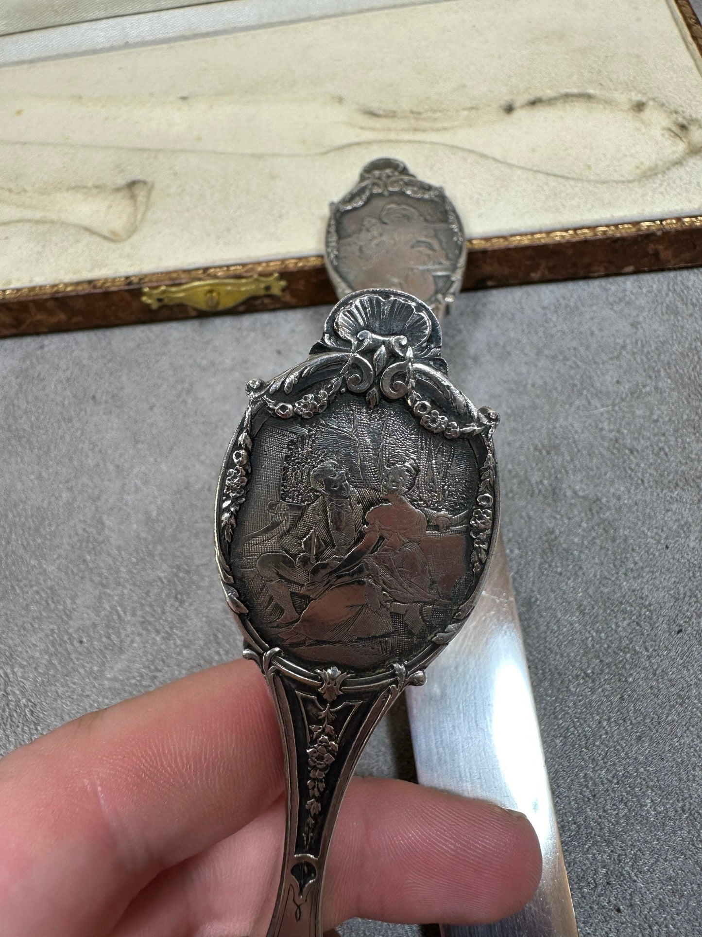 RARE Letter Opener and Blank Bucket Case in Silver Metal, Couple Motif, Made in France, Vintage 1950