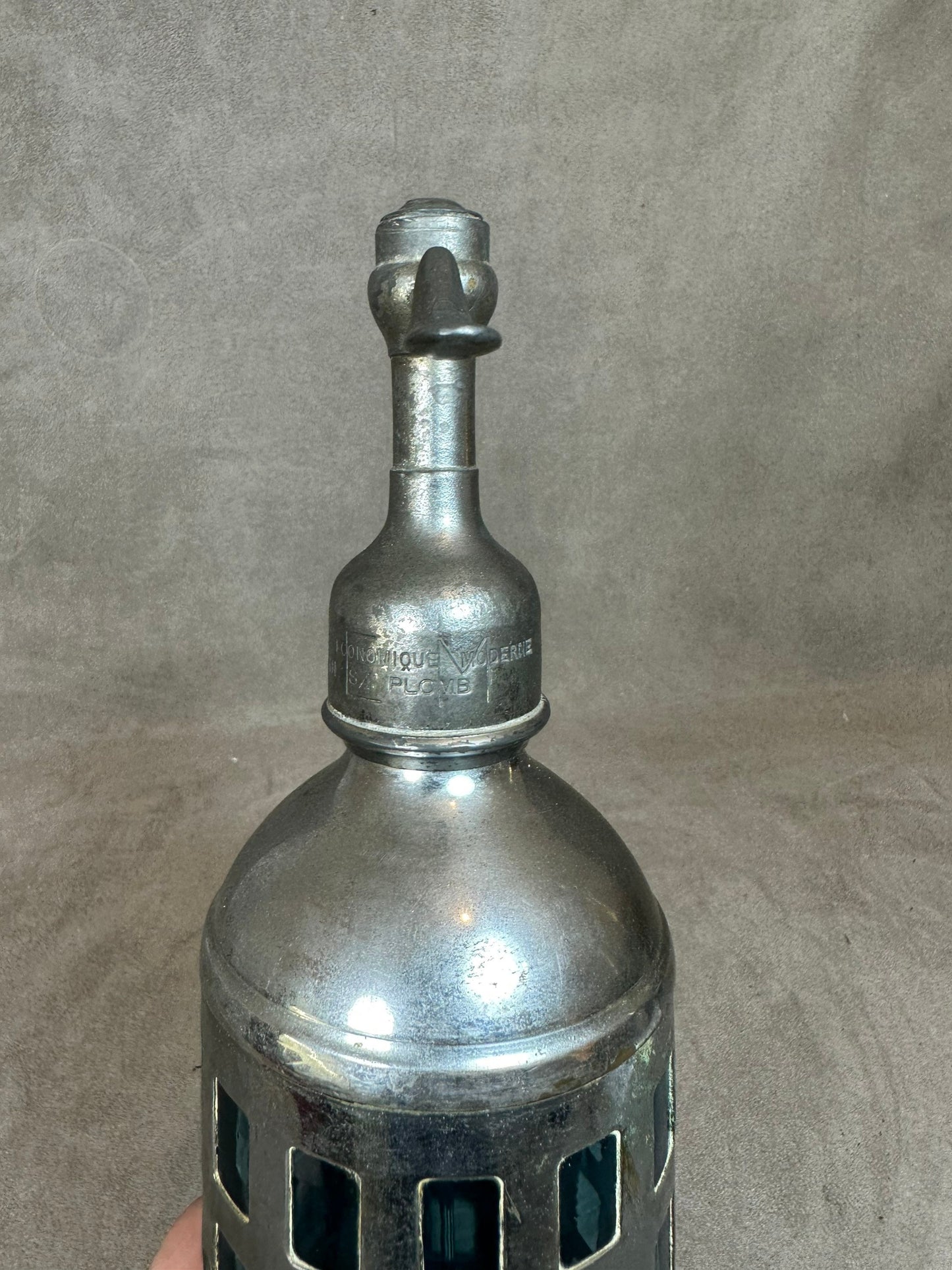 RARE Siphon à eau de seltz vintage en verre bleu cerclé de métal Gazo-Siphon etain sans plomb Made in France