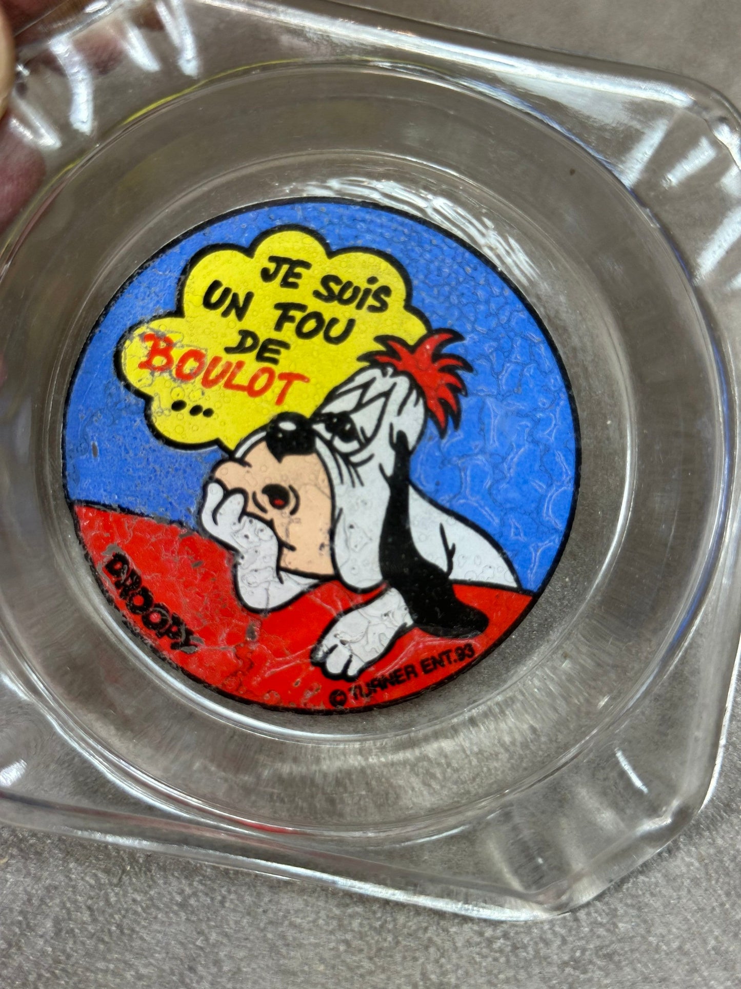 Lustiger Aschenbecher aus Glas, Droopy, I'm a Workaholic, Made in France, Vintage 1990