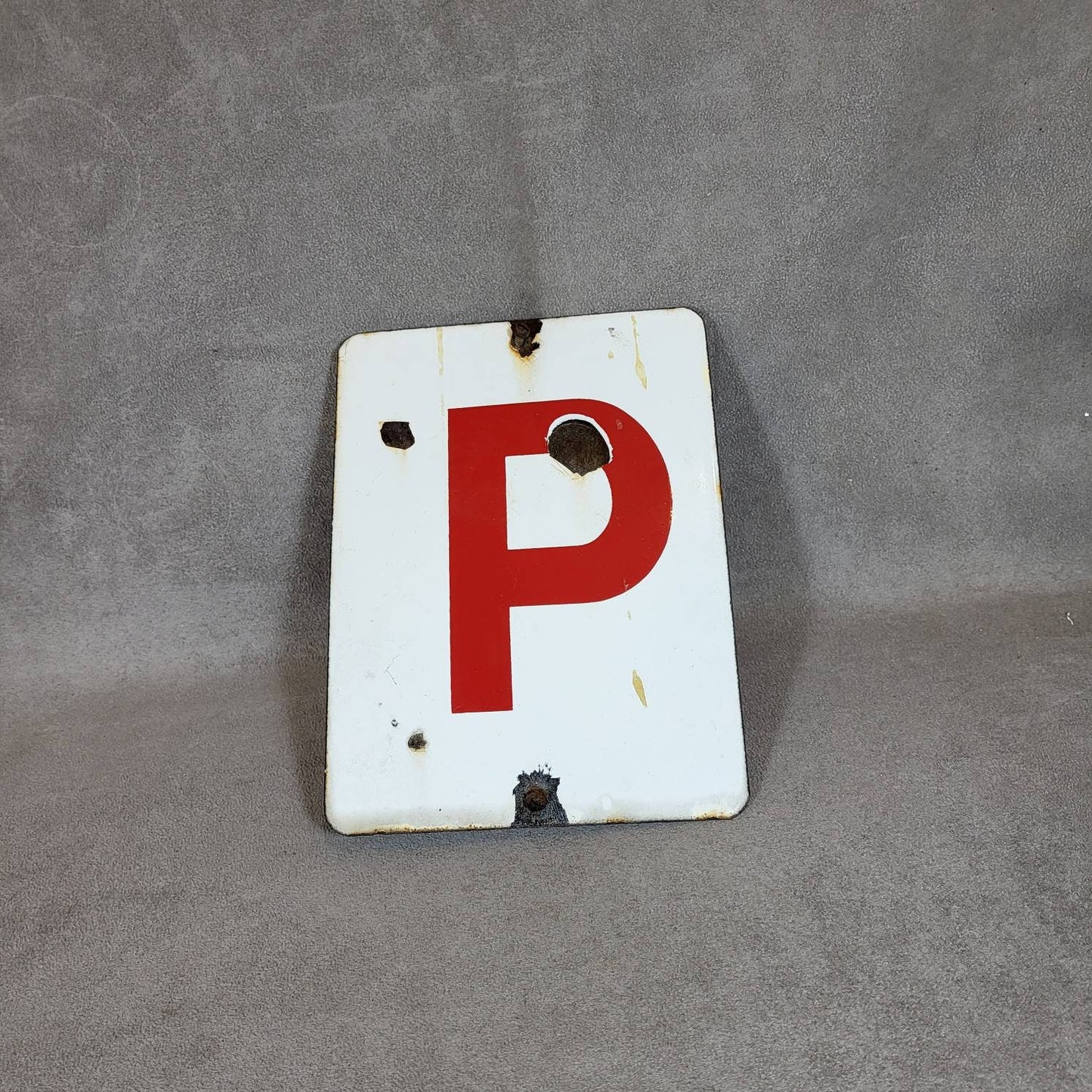 Red and white enamel plate P, Made in France, Vintage 1960