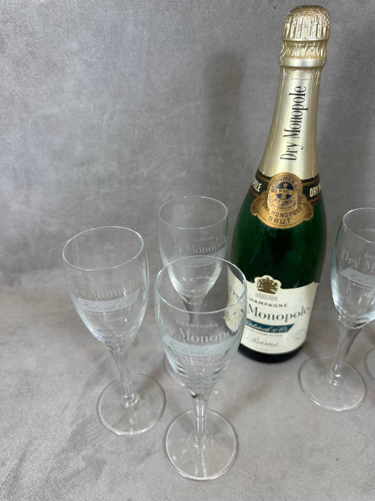 Lot de 6 flûtes à Champagne en verre Heidsieck Monopole Reims Années 1990
