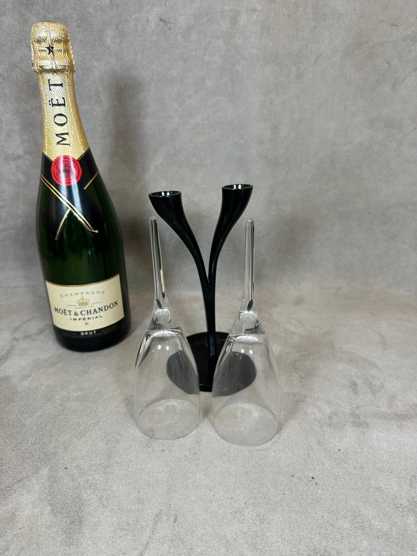 RARE Toi & Moi de deux coupes à champagne Moet et Chandon en verre et métal vintage Made in france par Philippe Di Méo Reso Design