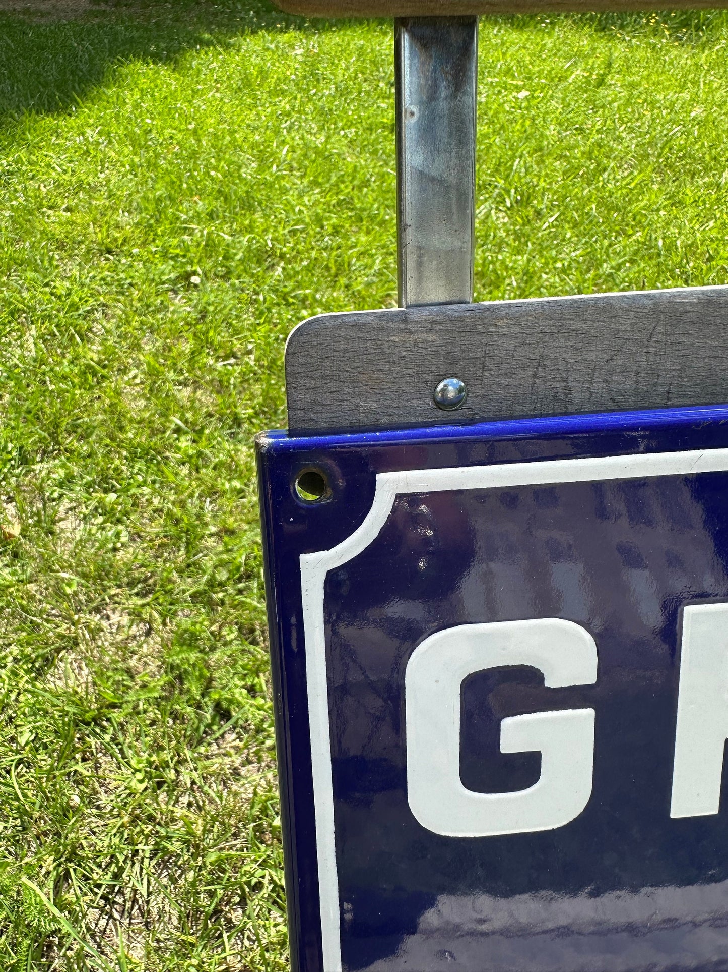 RARE Vintage French city street sign "GRANDE RUE" in blue enameled sheet metal. Made in France 1950