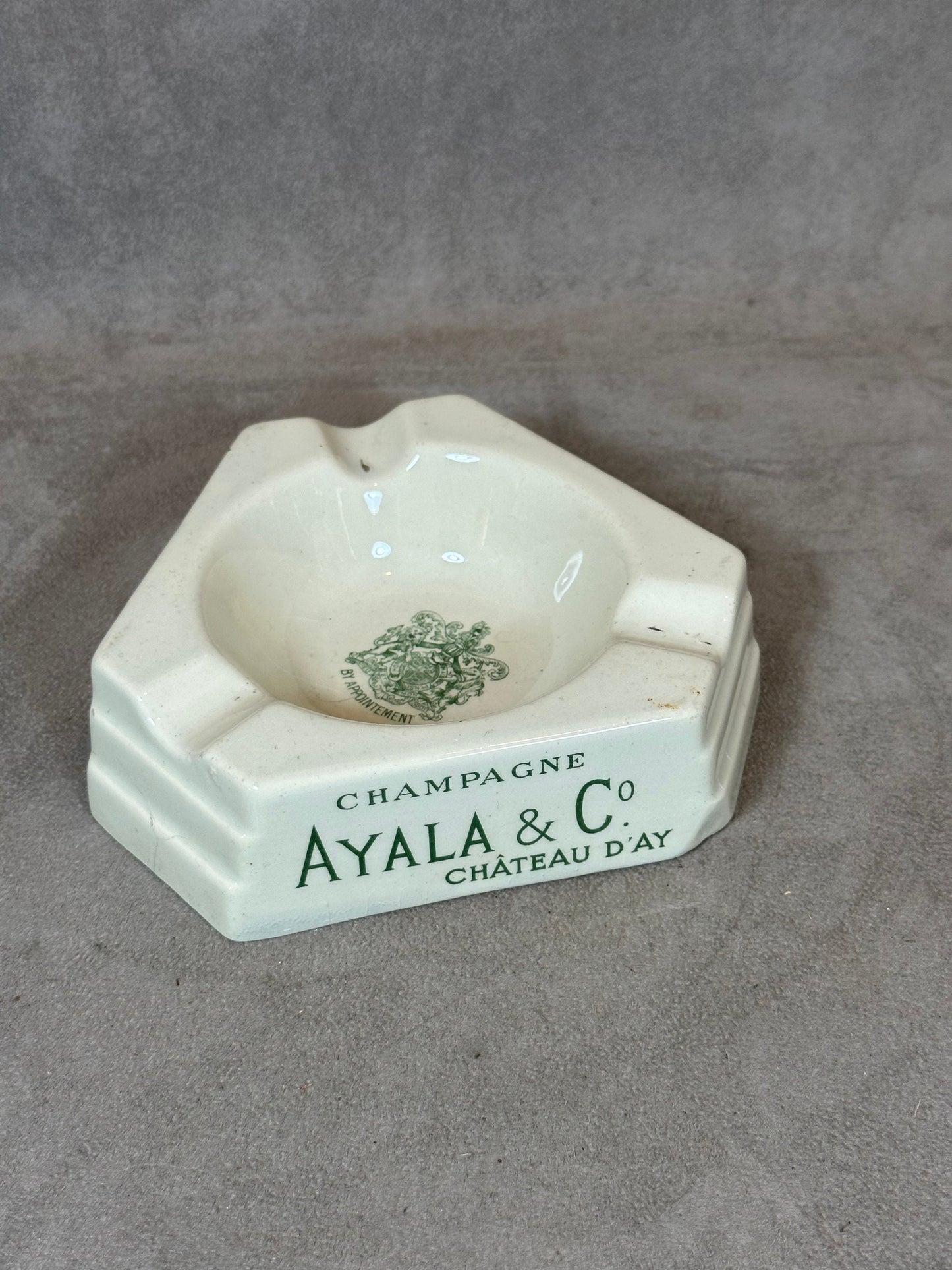 SELTENER Werbeaschenbecher aus Steingut, Champagner Ayala & Co, Château d'AY, Made in France, Vintage 1980
