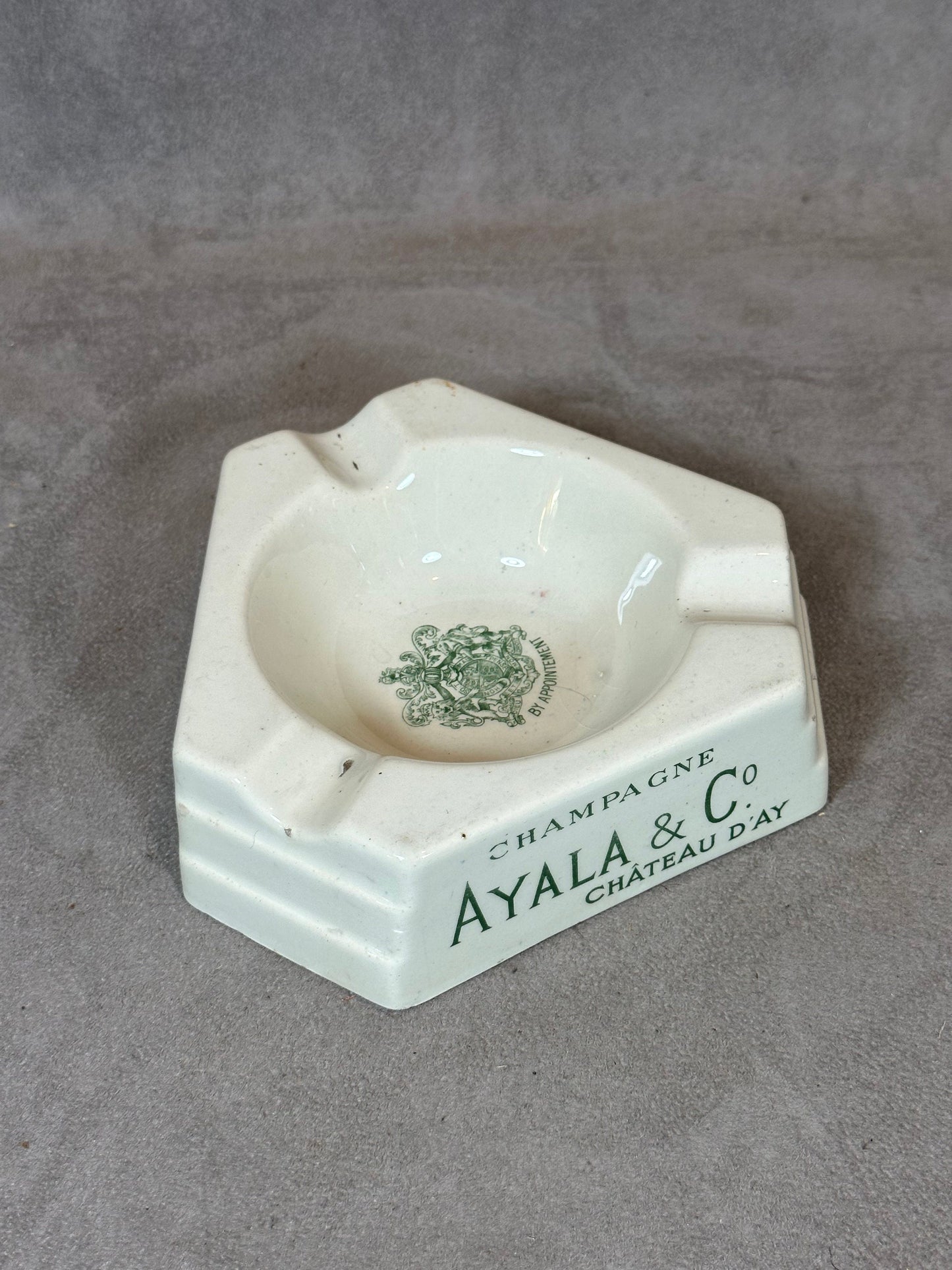 SELTENER Werbeaschenbecher aus Steingut, Champagner Ayala & Co, Château d'AY, Made in France, Vintage 1980
