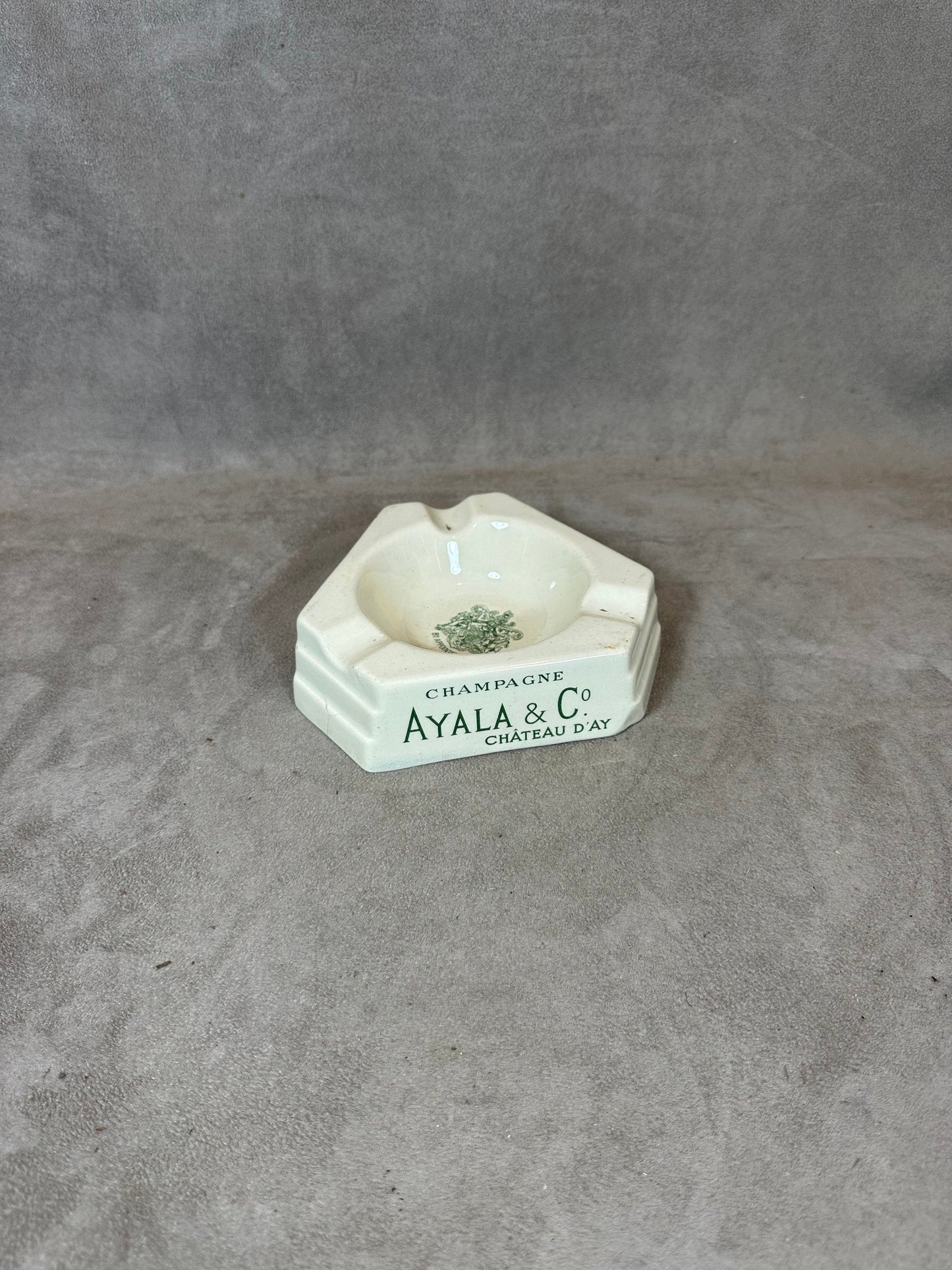 SELTENER Werbeaschenbecher aus Steingut, Champagner Ayala & Co, Château d'AY, Made in France, Vintage 1980