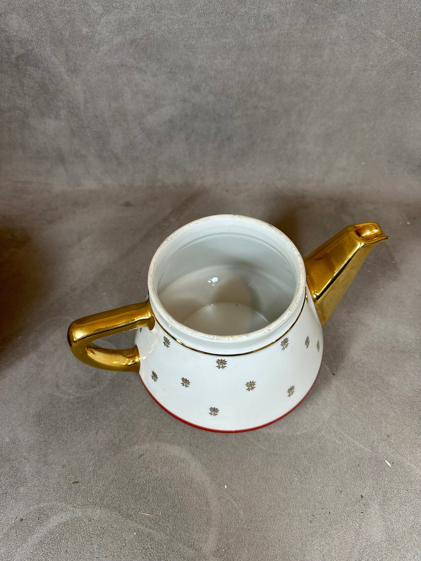 RARE Cafetière filtre Salam doré sur faïence vintage rouge et blanche à détails doré années 1960