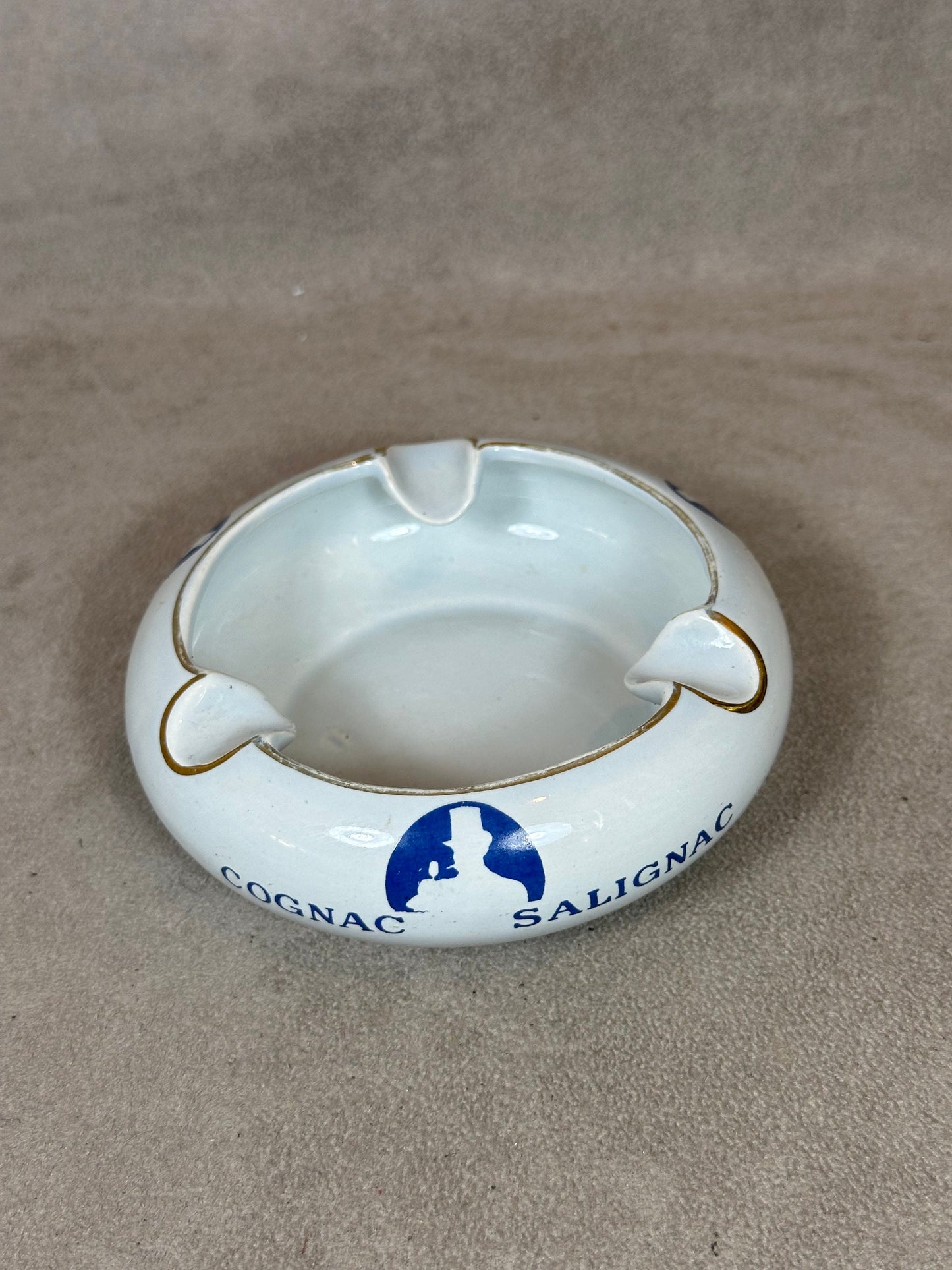Vintage Blue Ceramic Salignac Cognac Ashtray Made in France