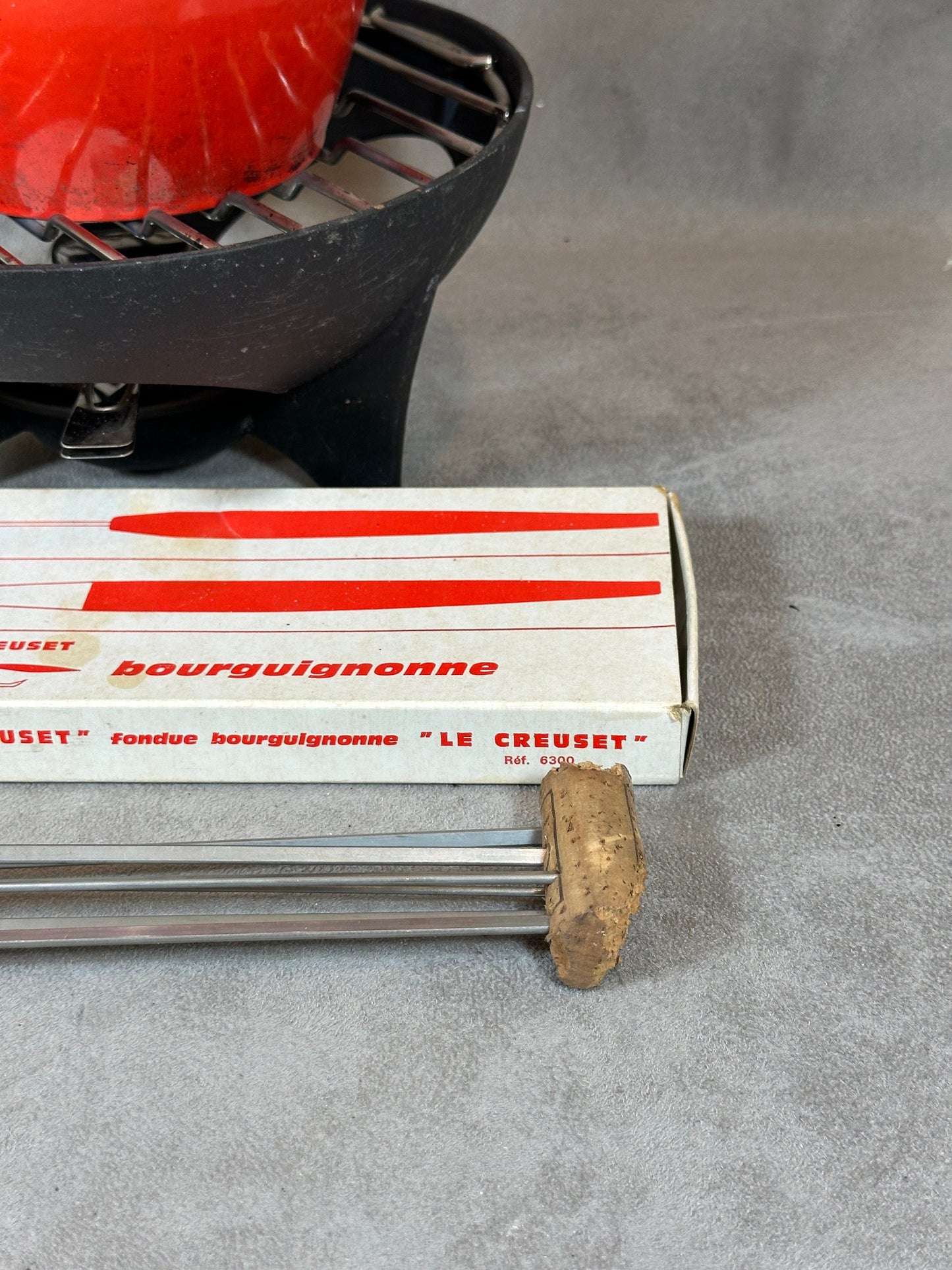 Vintage enameled cast iron fondue set with 6 forks and 6 skewers Le Creuset Made in France
