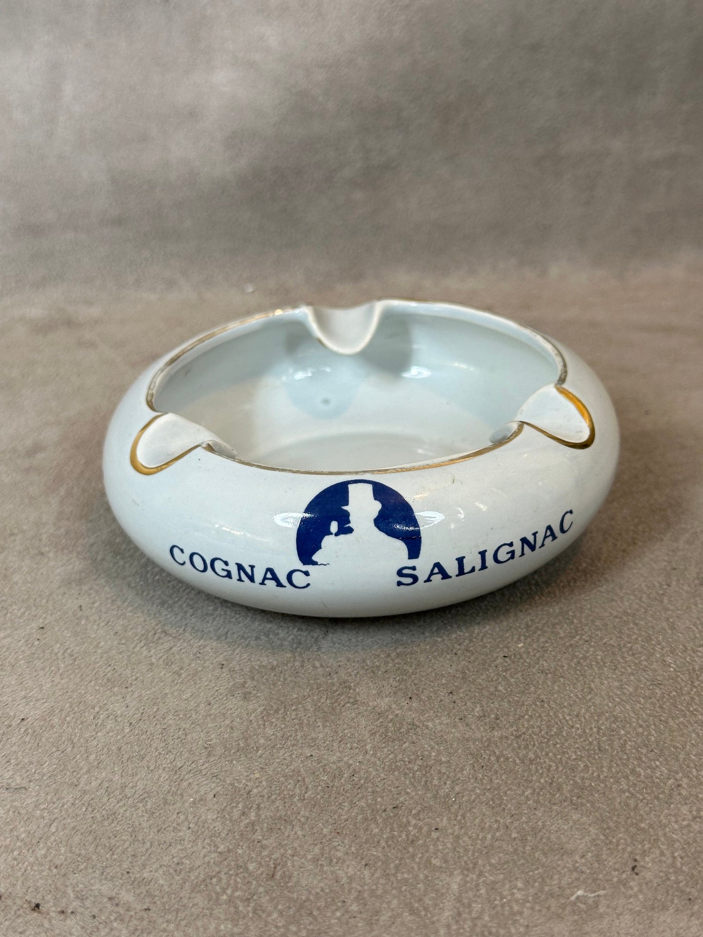 Vintage Blue Ceramic Salignac Cognac Ashtray Made in France