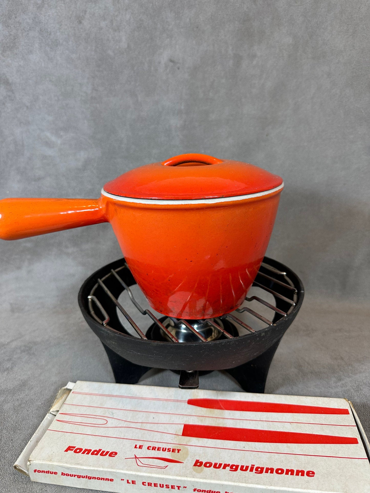 Vintage enameled cast iron fondue set with 6 forks and 6 skewers Le Creuset Made in France