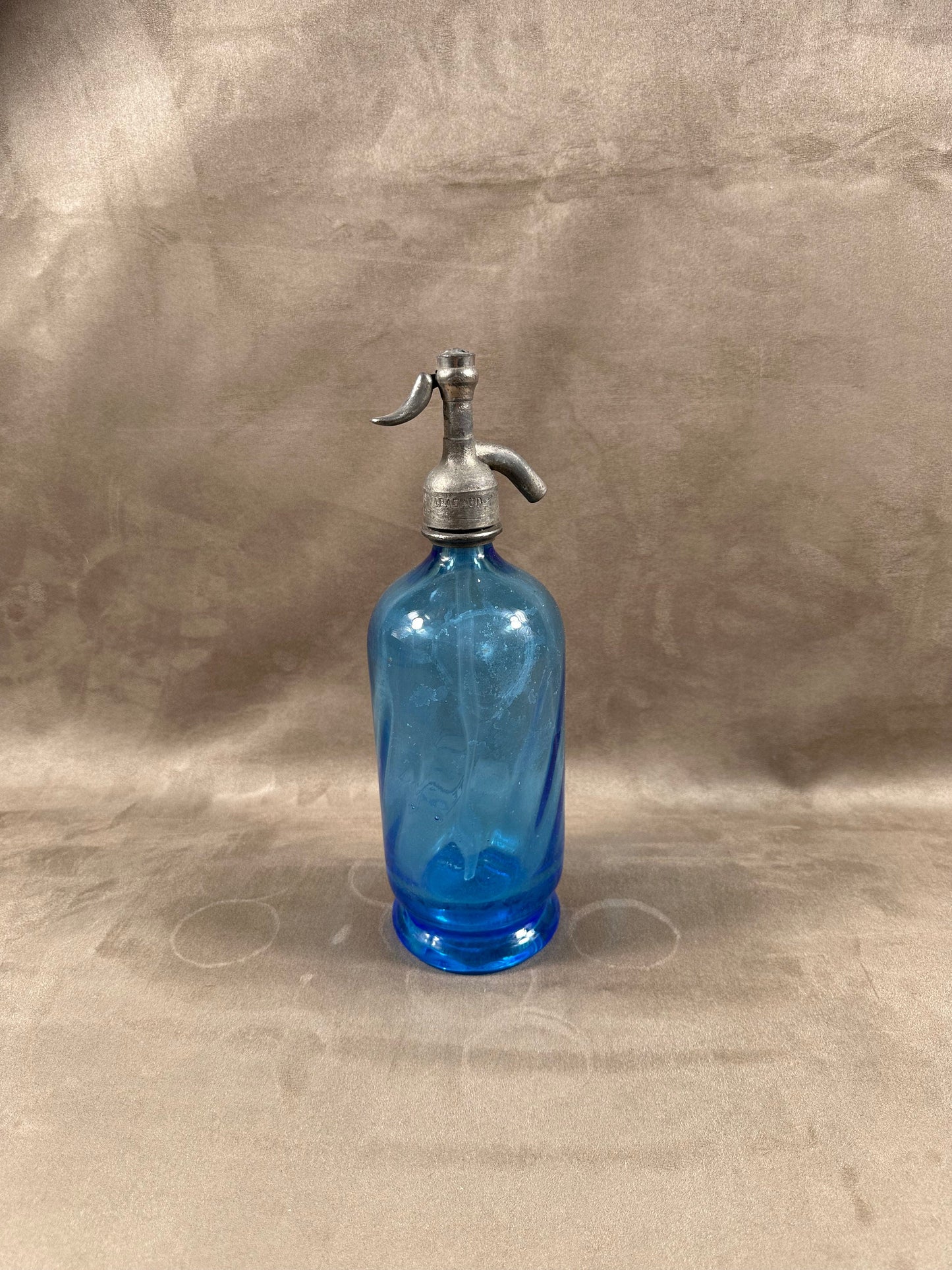 RARE Siphon à eau de seltz vintage en verre bleu Gazo-Siphon etain sans plomb Made in France 1920