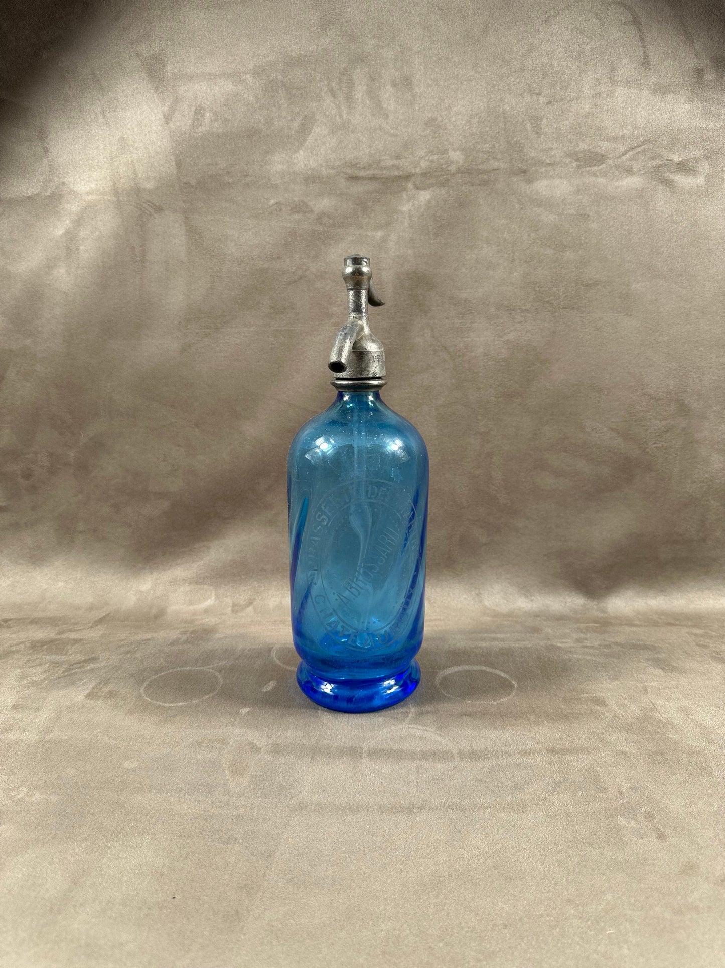 RARE Siphon à eau de seltz vintage en verre bleu Gazo-Siphon etain sans plomb Made in France 1920