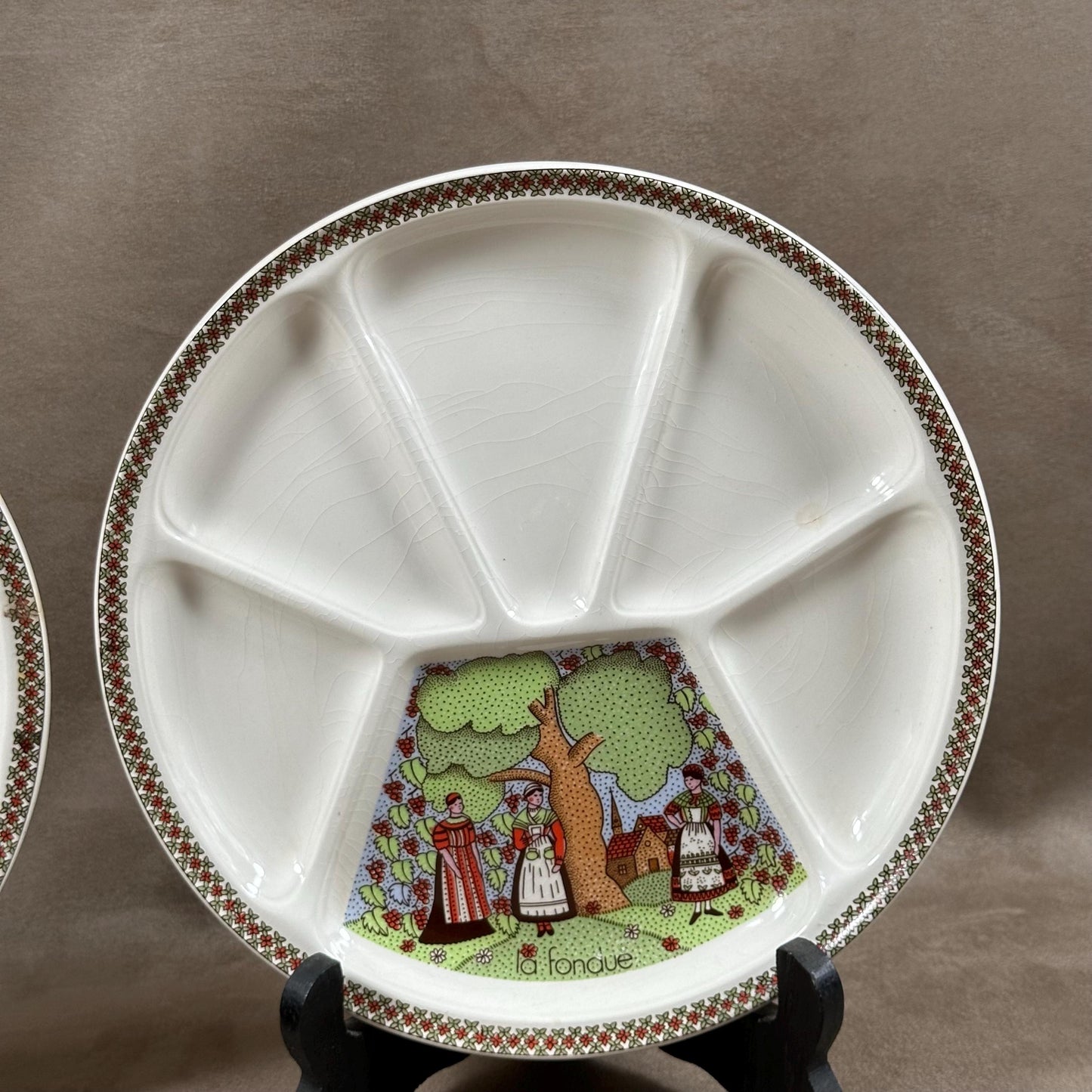 Set de 2 assiettes à fondue faience vintage GIEN modèle Sarrasine Marie-Pierre Boitard Made in France 1970