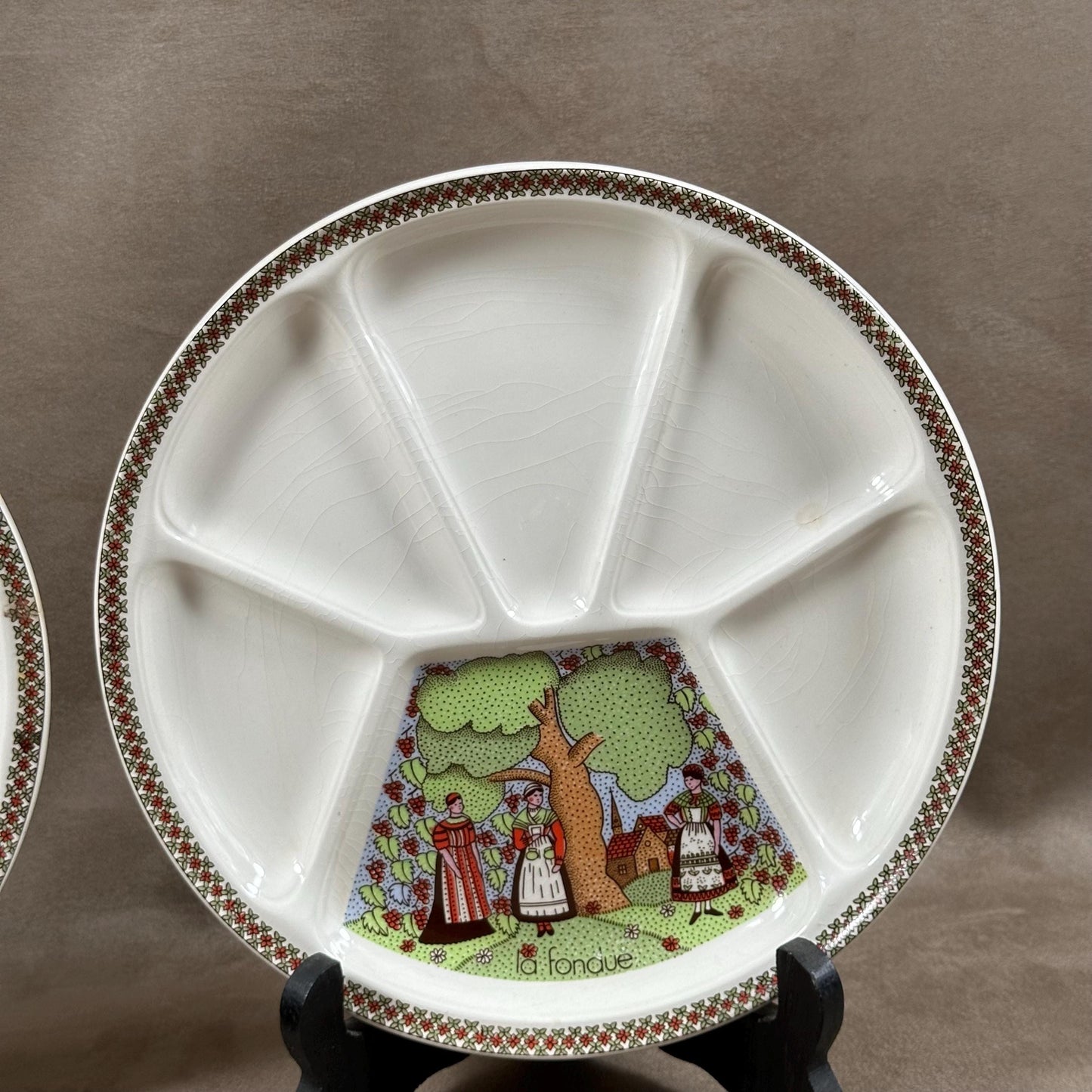 Set de 2 assiettes à fondue faience vintage GIEN modèle Sarrasine Marie-Pierre Boitard Made in France 1970