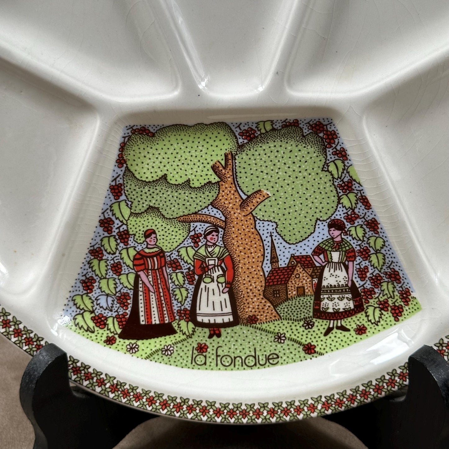 Set de 2 assiettes à fondue faience vintage GIEN modèle Sarrasine Marie-Pierre Boitard Made in France 1970