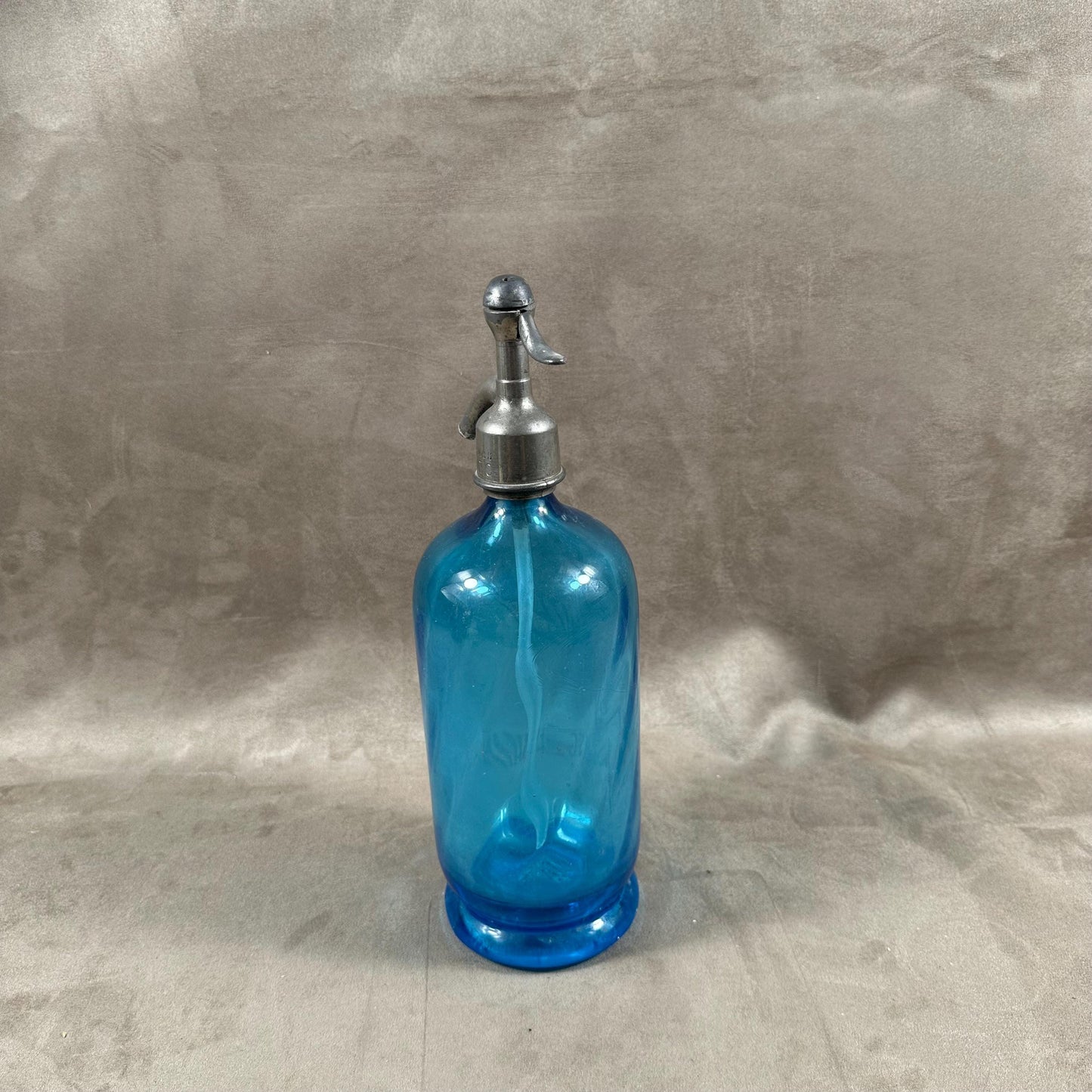 RARE Siphon à eau de seltz vintage en verre bleu Gazo-Siphon etain sans plomb Made in France 1920