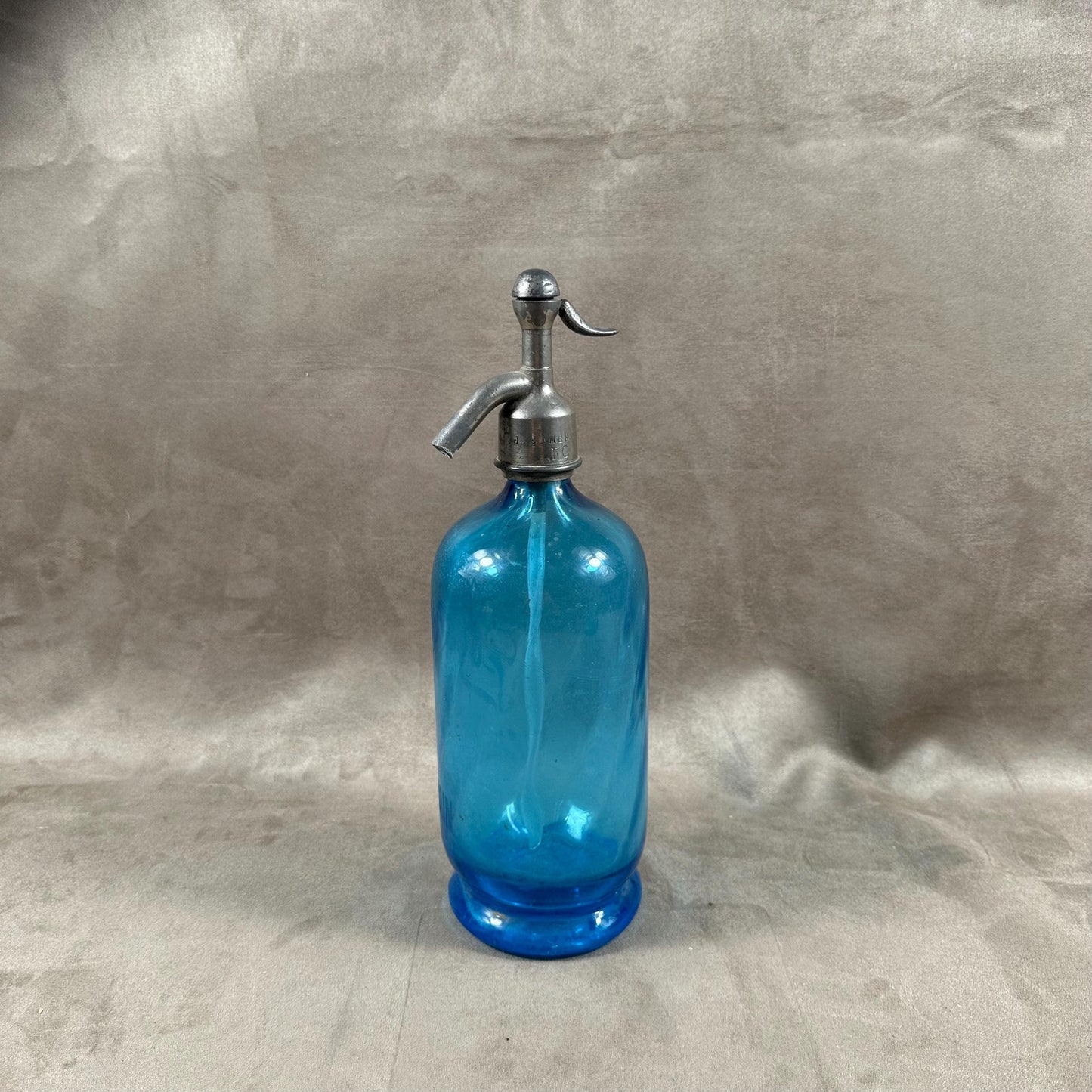 RARE Siphon à eau de seltz vintage en verre bleu Gazo-Siphon etain sans plomb Made in France 1920