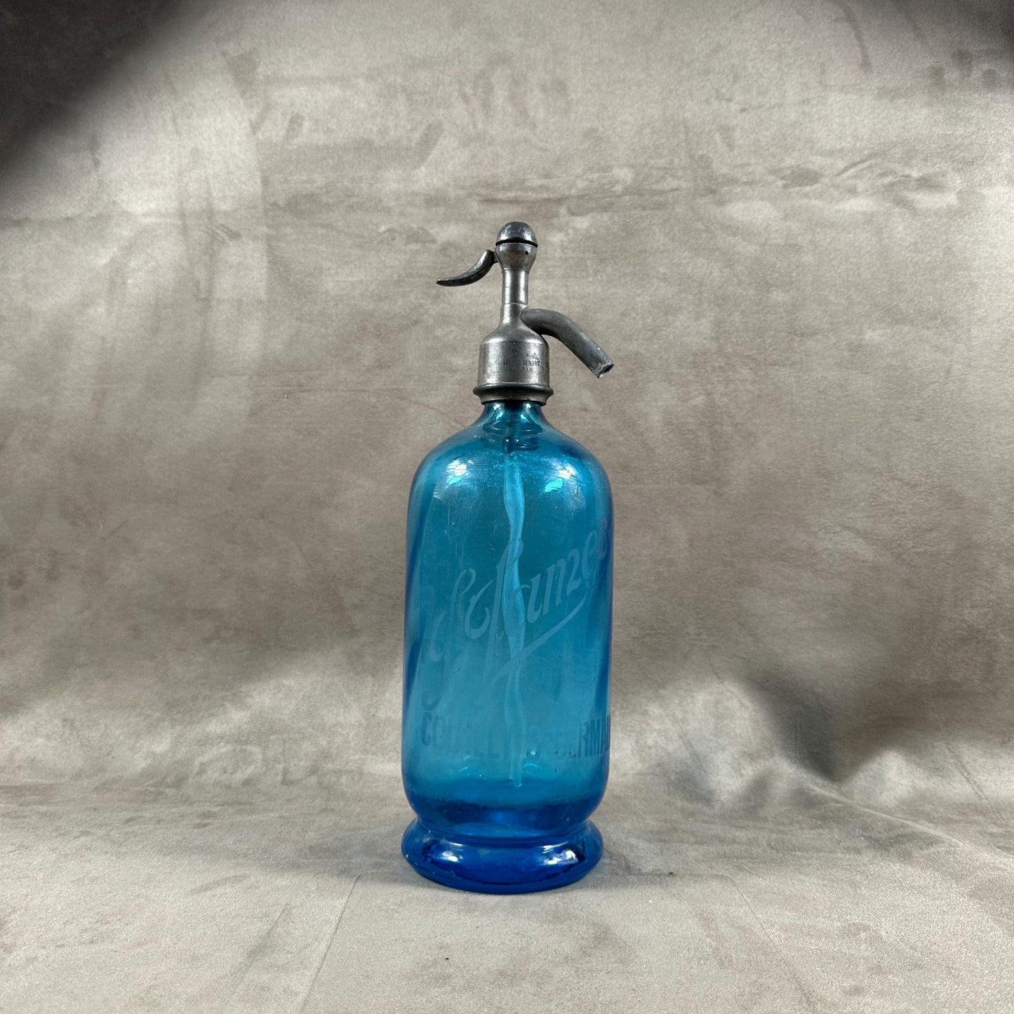 RARE Siphon à eau de seltz vintage en verre bleu Gazo-Siphon etain sans plomb Made in France 1920