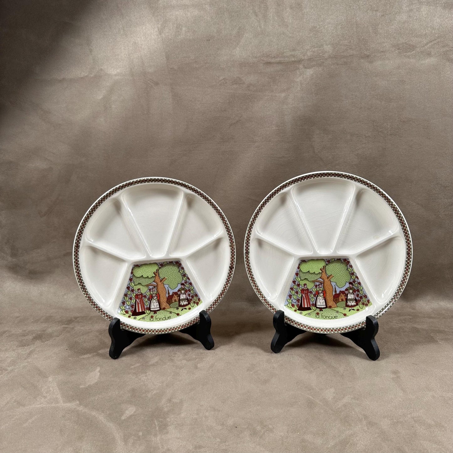 Set de 2 assiettes à fondue faience vintage GIEN modèle Sarrasine Marie-Pierre Boitard Made in France 1970
