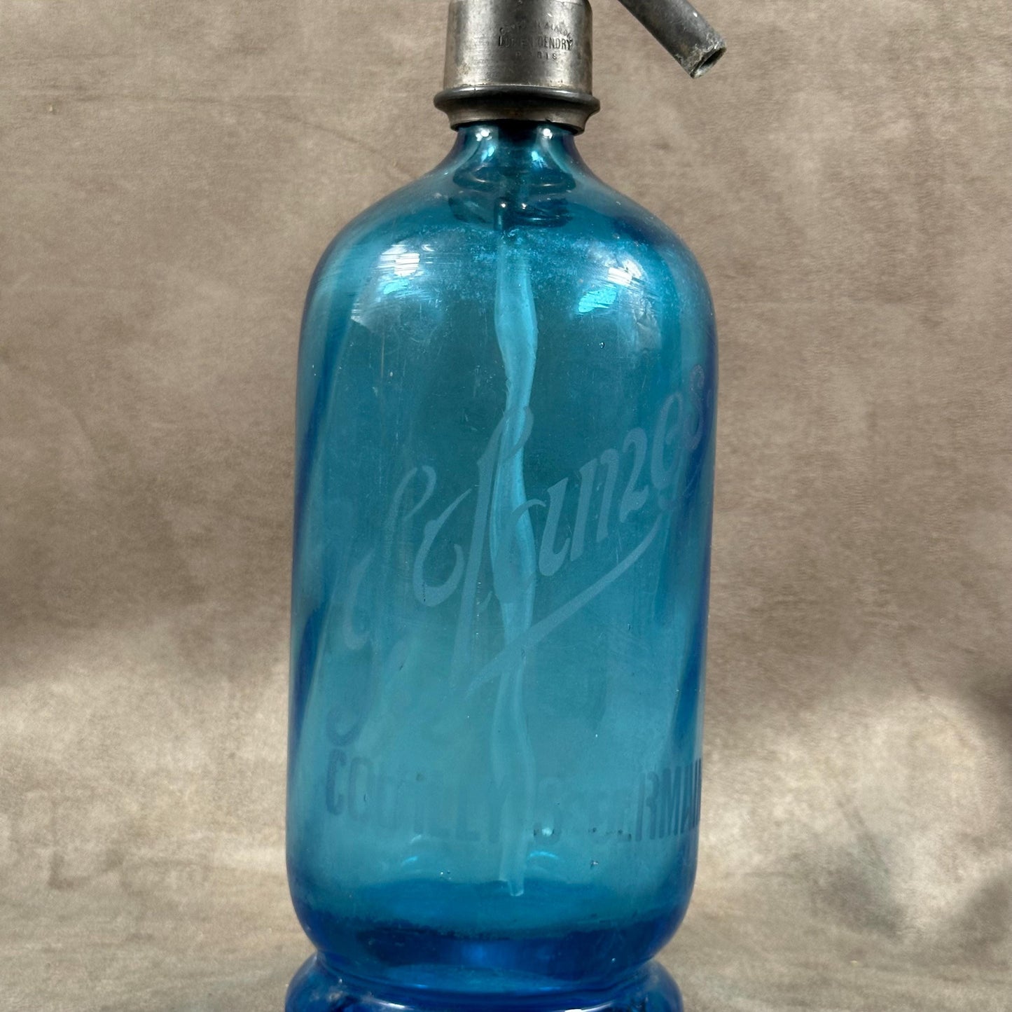 RARE Siphon à eau de seltz vintage en verre bleu Gazo-Siphon etain sans plomb Made in France 1920