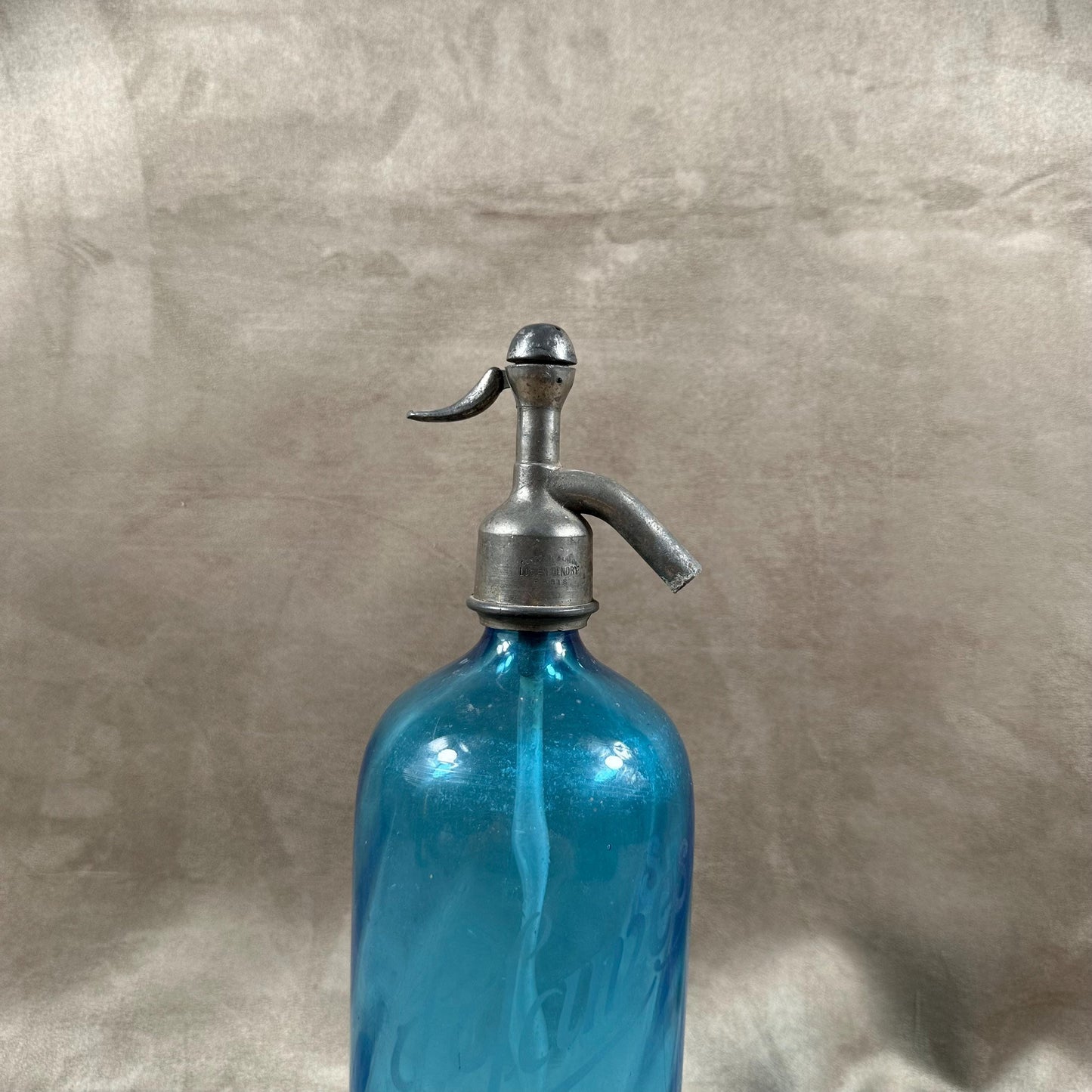 RARE Siphon à eau de seltz vintage en verre bleu Gazo-Siphon etain sans plomb Made in France 1920