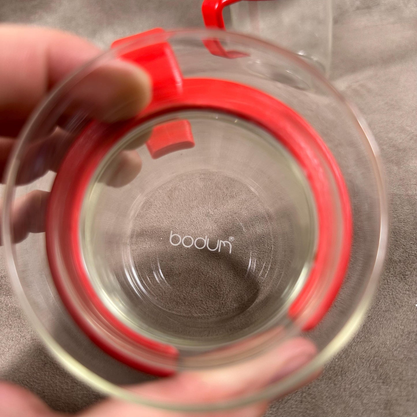 Set of 2 BODUM glass cups with red plastic rim Made in France 1990