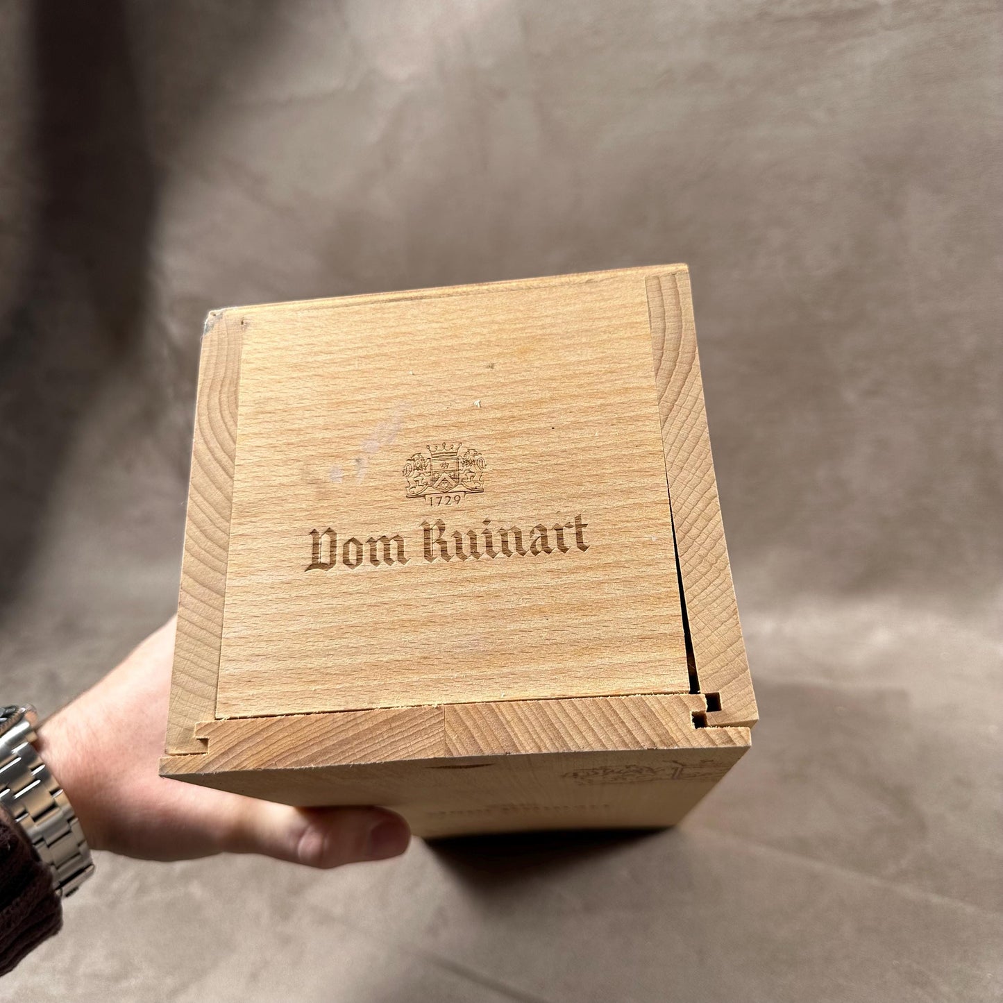 Wooden Box for Dom Ruinart Champagne Bottle, Made in France, Vintage 1990