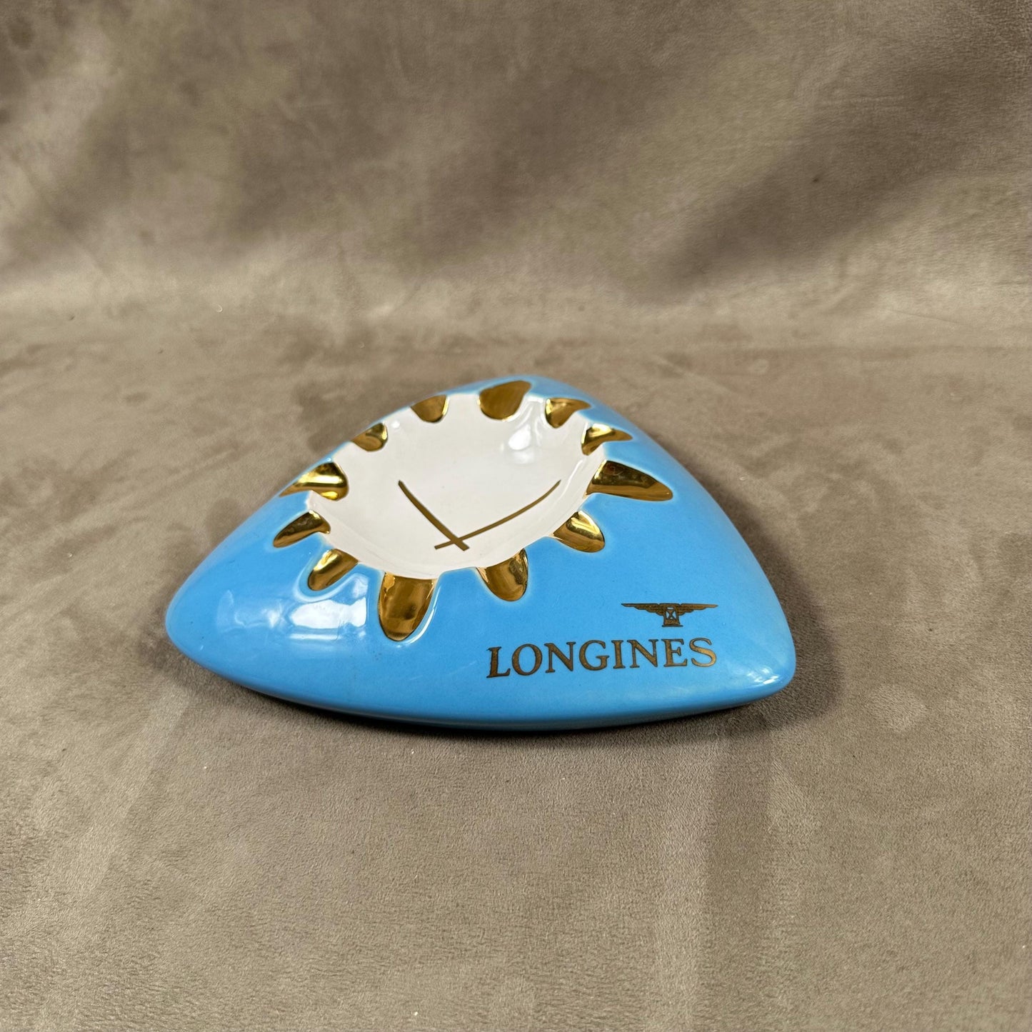 SEHR SELTENER, prächtiger Longines Schweizer Uhrenaschenbecher von Fuhrmann Neuchatel aus blauer Keramik, 1950er Jahre