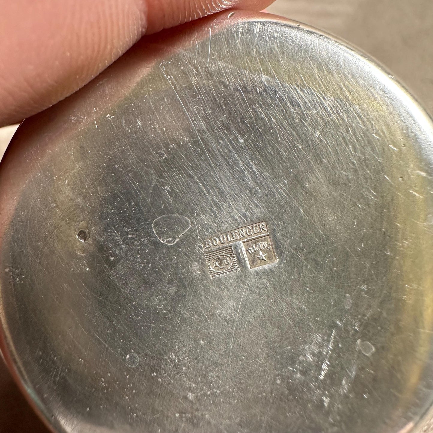 Set de baptême en écrin avec timbale et rond de serviette orfèvre Boulenger en métal argenté Made in France 1950's