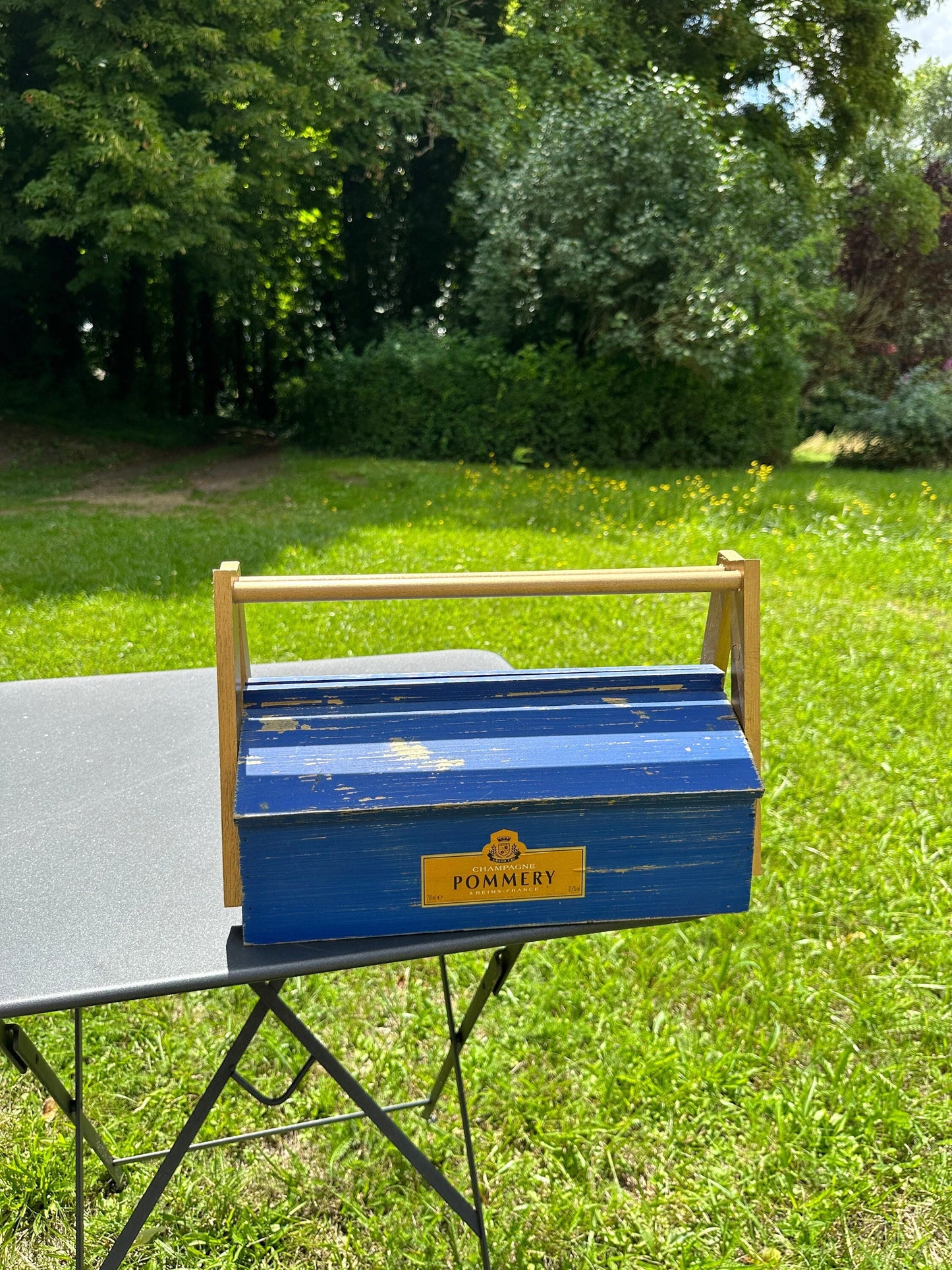 Wooden Case for Pommery Champagne Bottle, Toolbox Style, Made in France, Vintage 1980