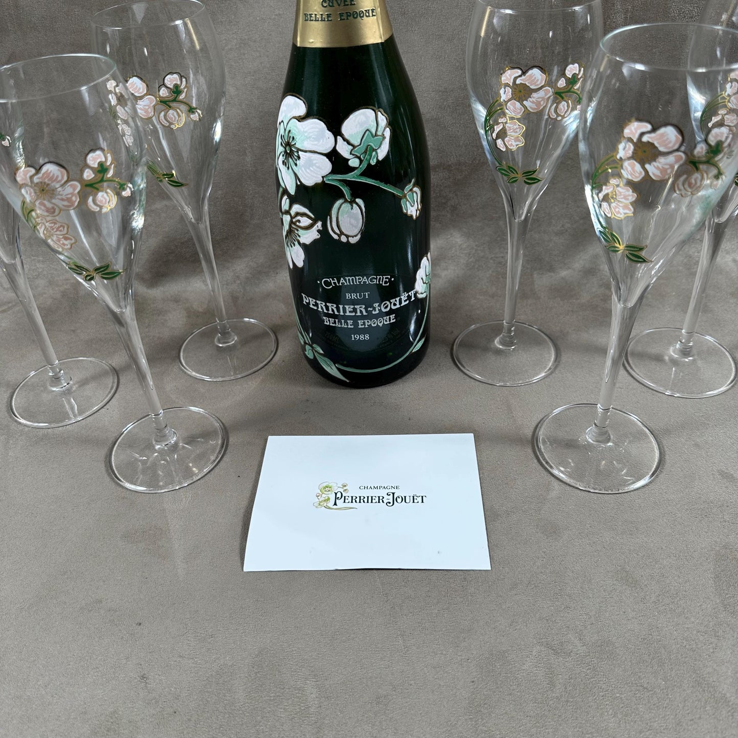 RARE Lot of 6 Perrier-Jouet Belle Epoque glass flutes hand painted with anemone decoration by Emile Gallé Perrier-Jouët 1970s