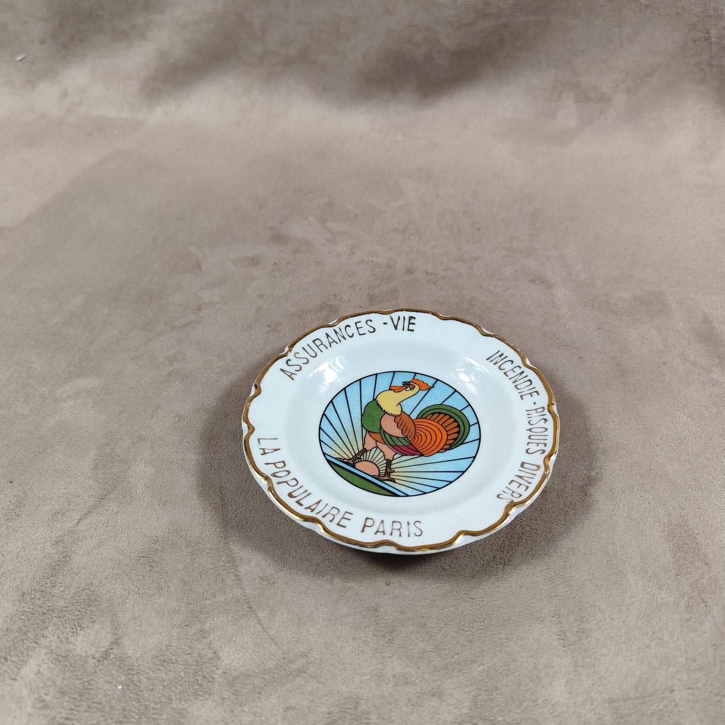 Cendrier publicitaire La Populaire Paris Assurance Vie en porcelaine de Limoges vintage Made in France 1950