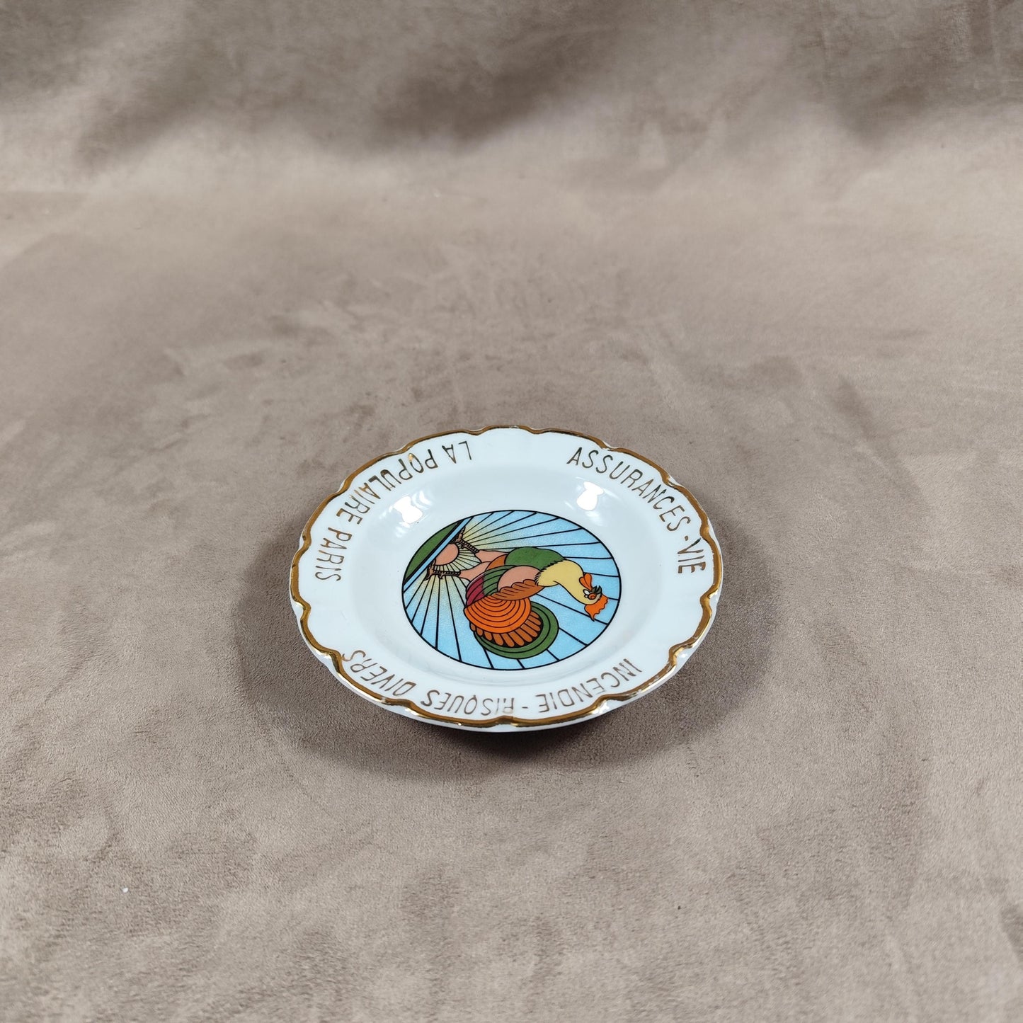 Cendrier publicitaire La Populaire Paris Assurance Vie en porcelaine de Limoges vintage Made in France 1950