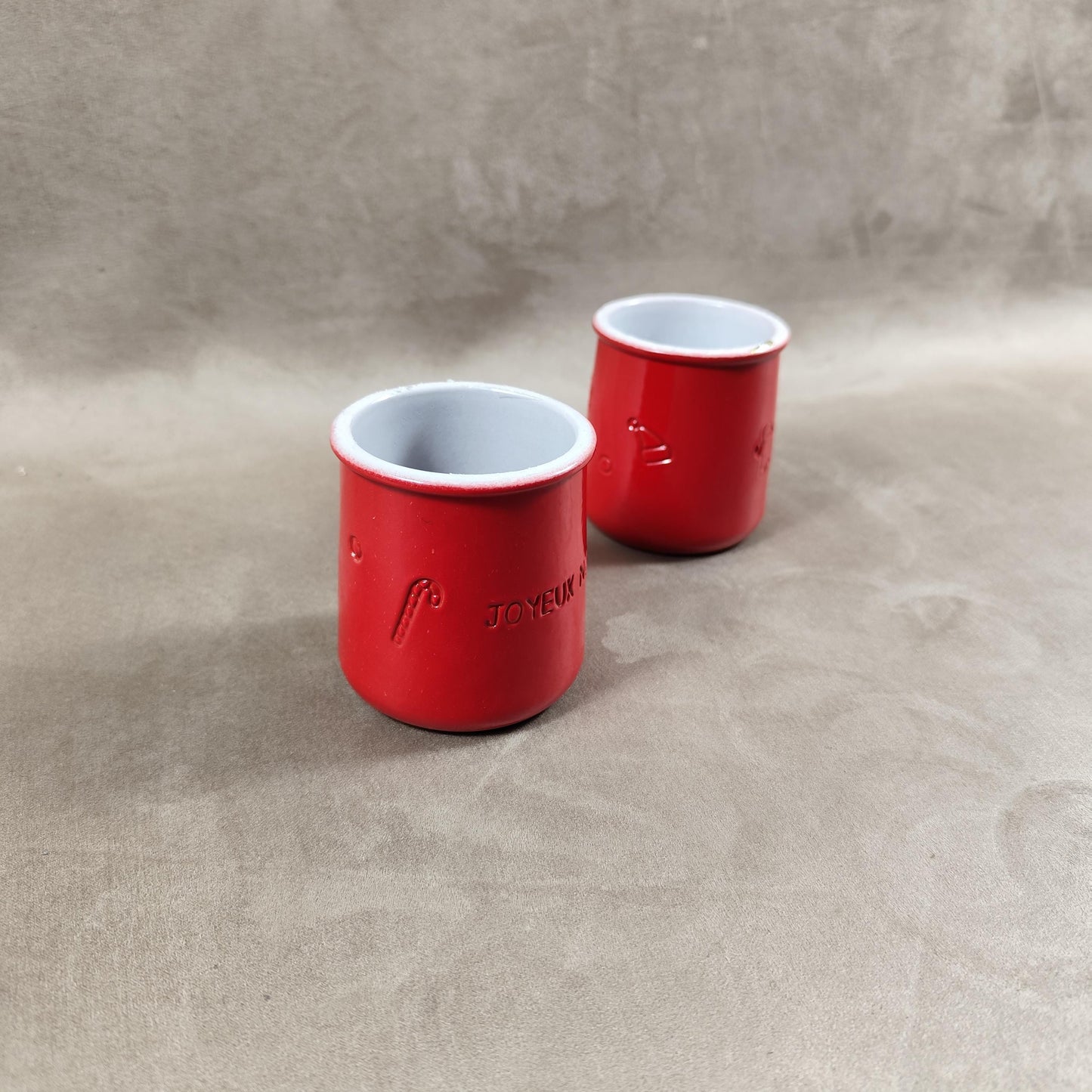 2 pot de yaourt La fermière "Joyeux Noel" en terre cuite émaillée rouge made in France vintage 1990