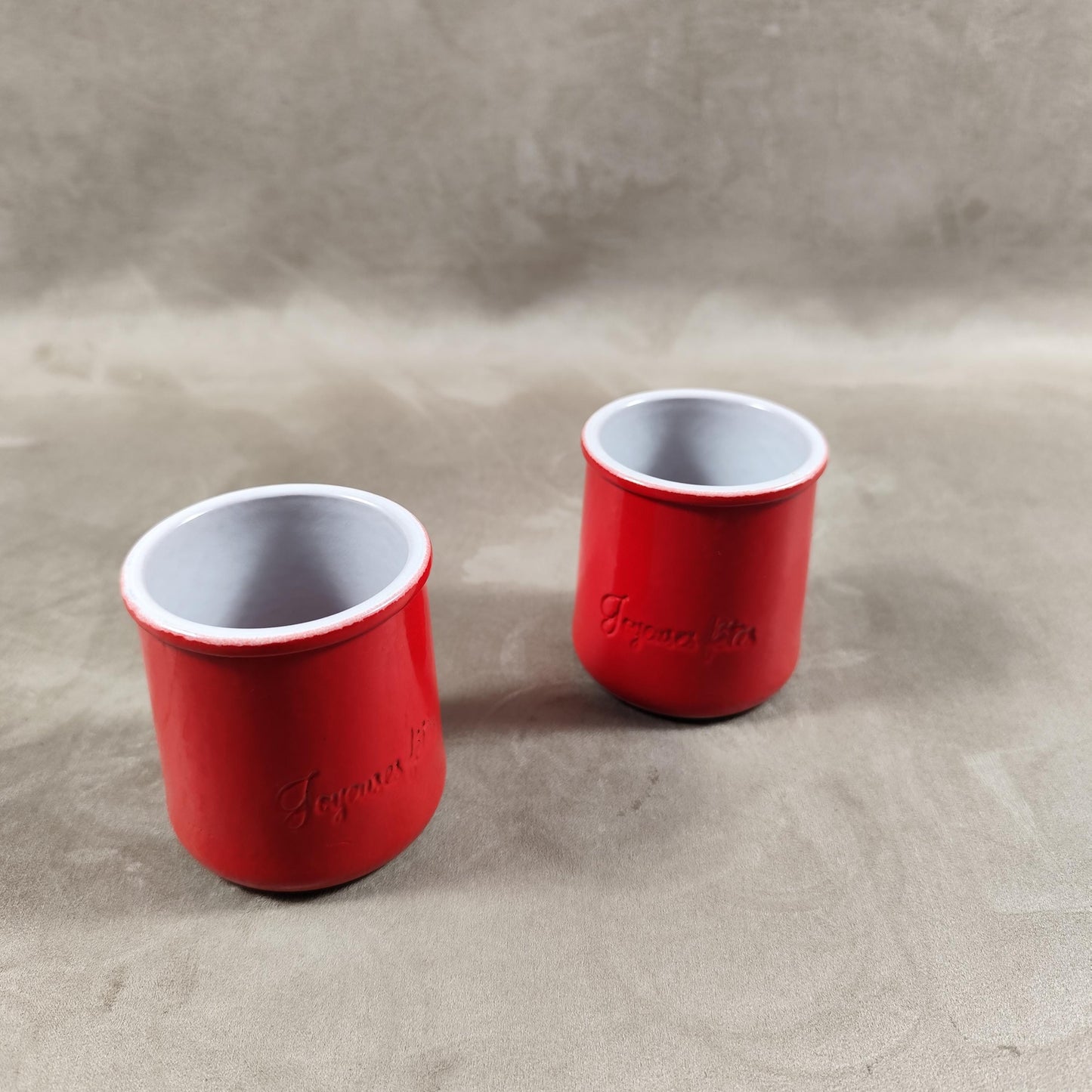 2 pot de yaourt La fermière "Joyeuses fêtes" en terre cuite émaillée made in France vintage 1990