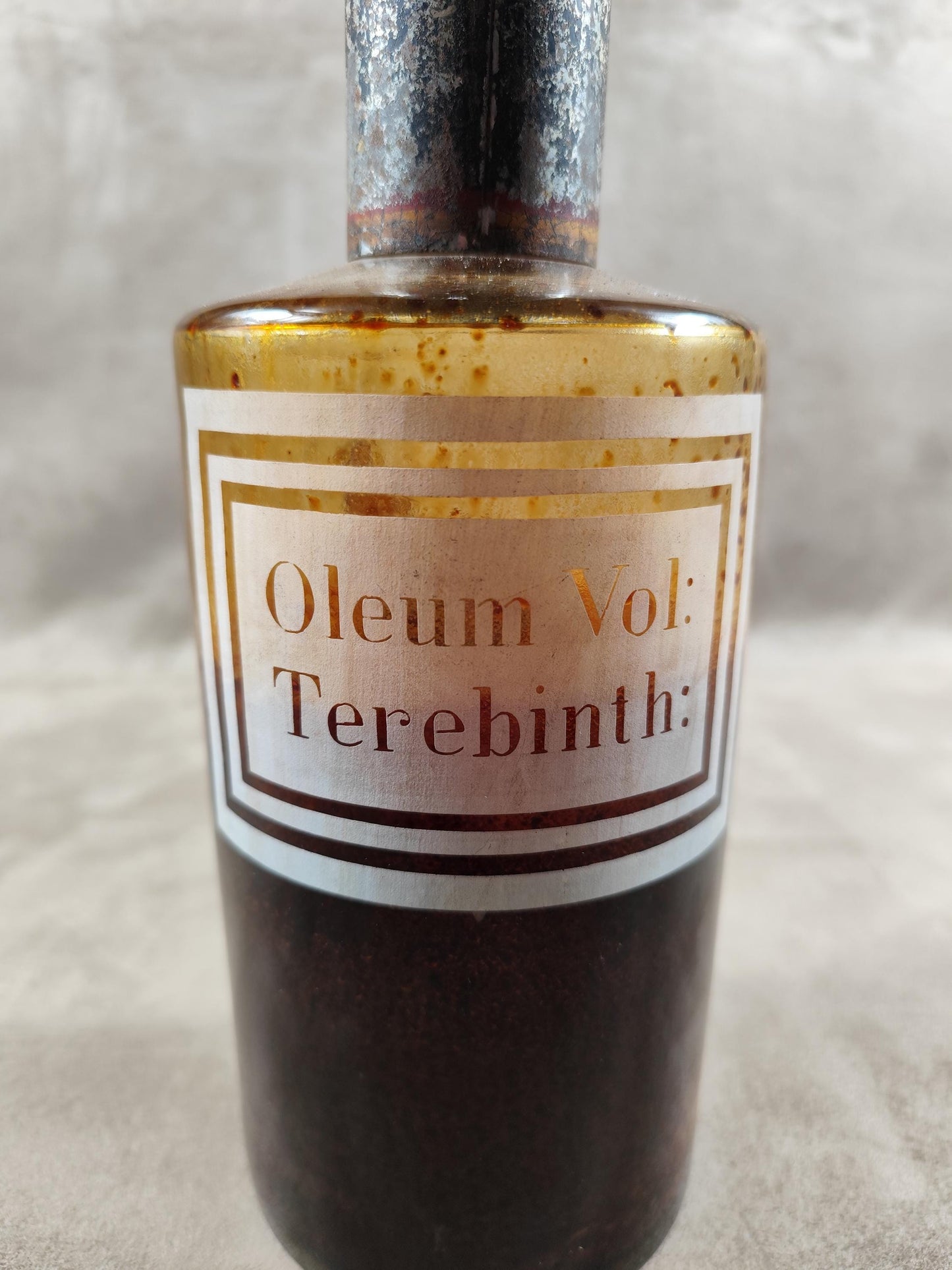 RARE Pot à pharmacie ancien en verre " Oleum Vol: Terebinth " vintage Made in France 1900